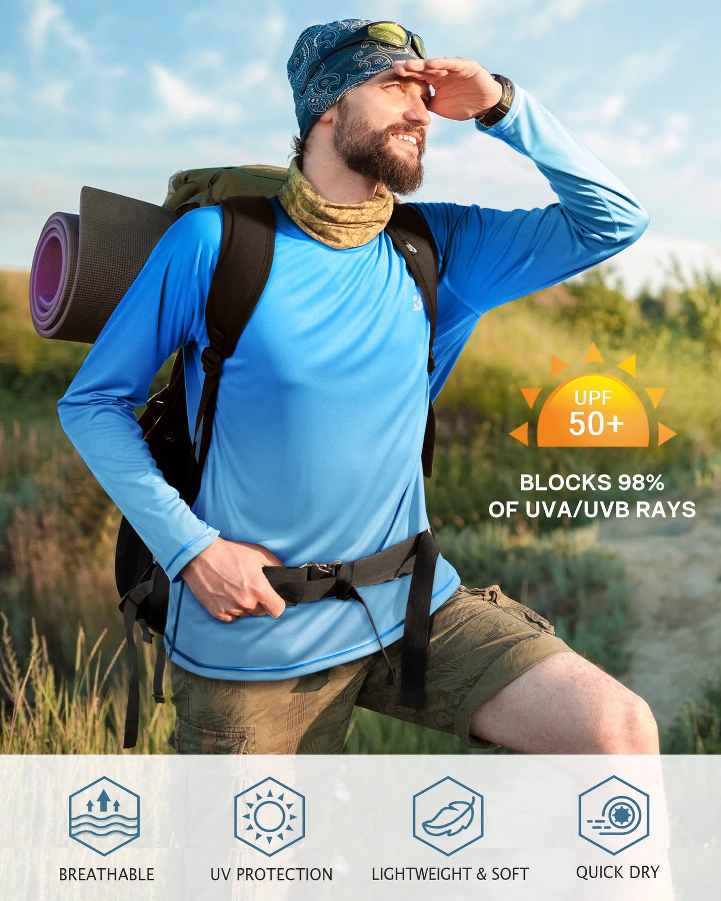 Roadbox Mens UPF 50+ Long Sleeve SPF Diving Rash Guard UV Sun Protection Shirts for Outdoor Fishing Hiking Swimming Running