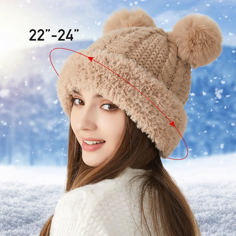 Peicees Knitted Beanie with Fur Pompom for Women Chunky Winter Beanie Hat Warm Fleece Lined Skull Cap Cute Khaki
