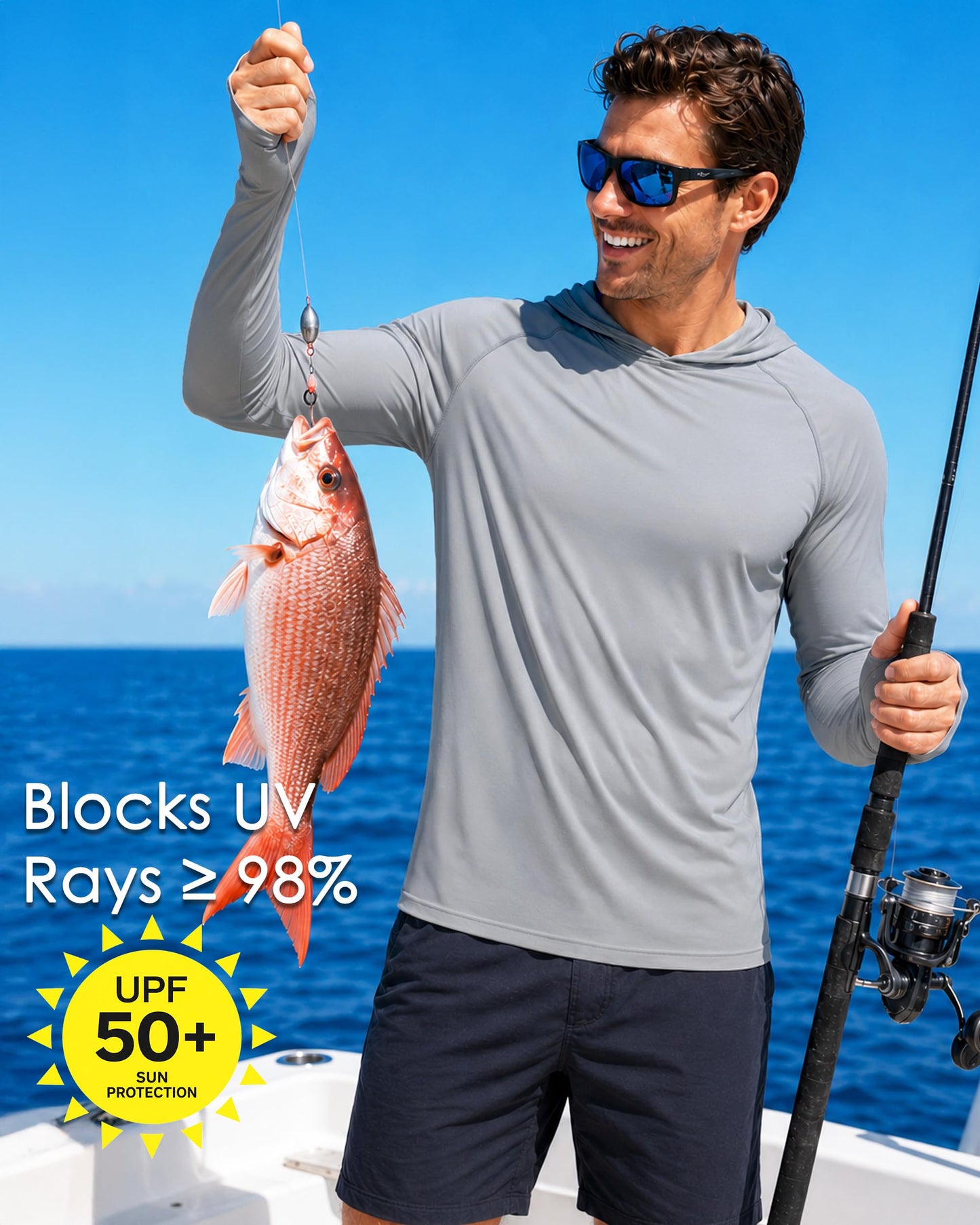 Boladeci SPF Shirts for Men Fishing Hoodies UPF 50 Long Sleeve Sun Protection with Hood Summer UV Water Rash Guard Swim Shirt Tops Gray L