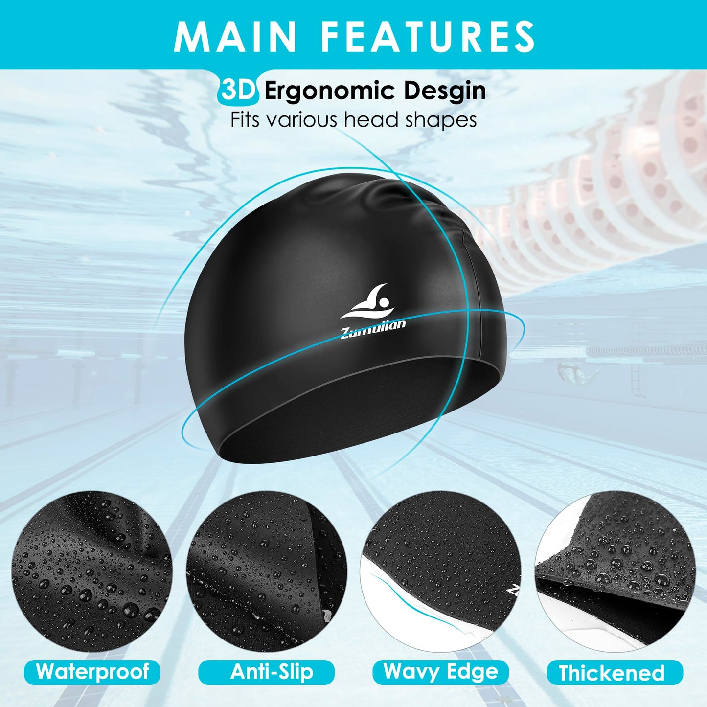 Silicone Swim Cap for Men &Women,3D Ergonomic Design Swimming Caps with Ear Plug and Nose Clip Suit for Long Hair