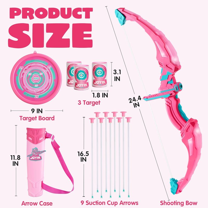 Pink Bow and Arrow Set for Girls - LED Light Up Archery Toy with 9 Suction Cup Arrows | Indoor Outdoor Fun Ages 3-12