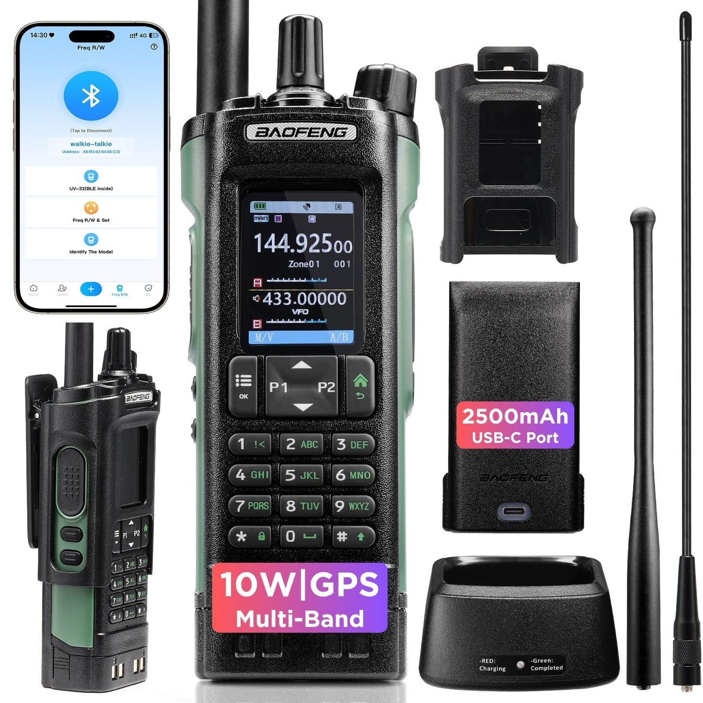 BAOFENG UV-32 10W Ham Radio Handheld, Long Range Two Way Radio Multi-Band with GPS, Chirp & Wireless APP Programmable, 2.0” Large Color Display, 1000CHs, USB-C Charging Port, Extra Long Airband ANT
