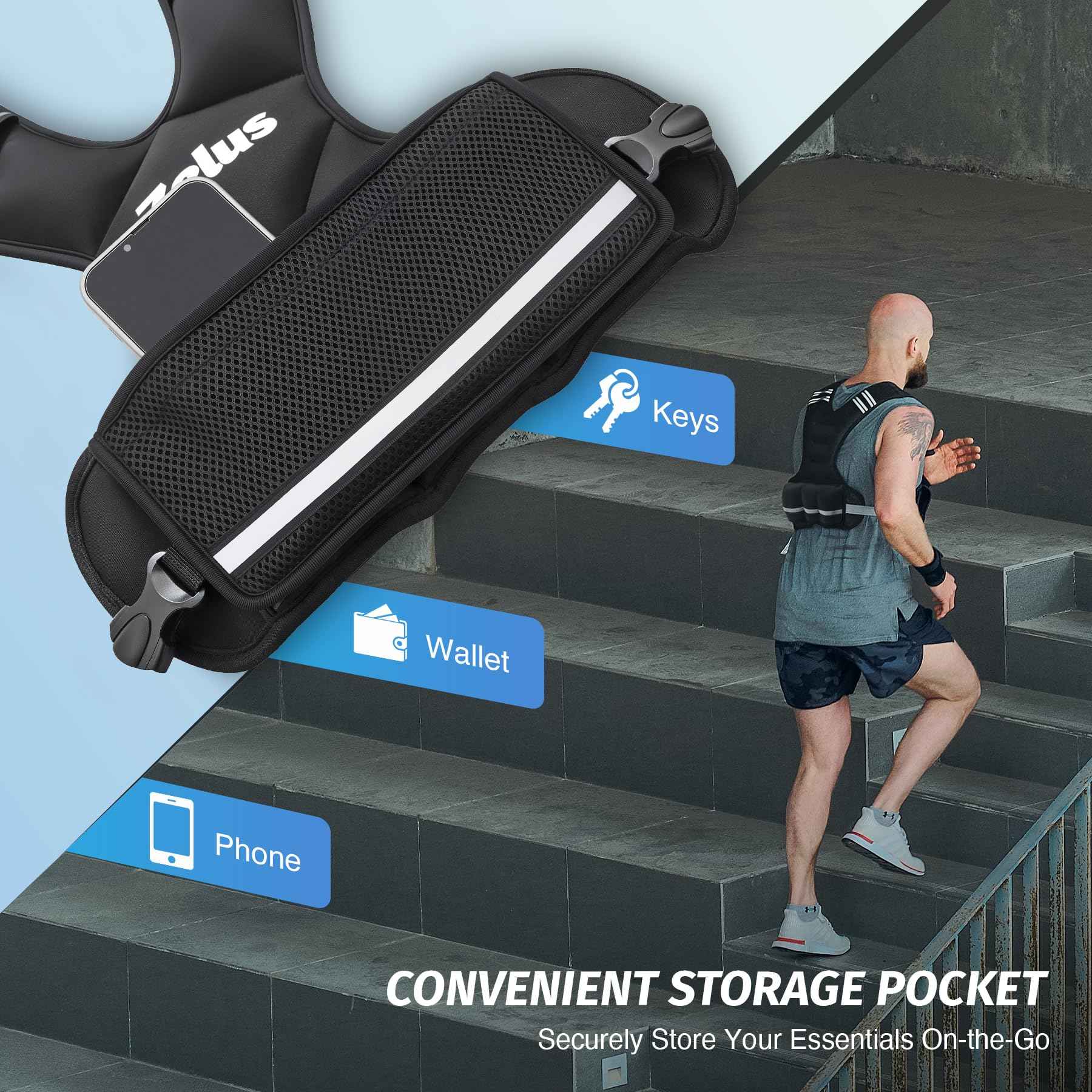 ZELUS Weighted Vest for Men and Women | 4-10lb/11-20lb/20-32lb Vest with 6 Ironsand Weights for Home Workouts | Adjustable Body Weight Vest Exercise Set for Cardio and Strength Training (11-20 lb.)