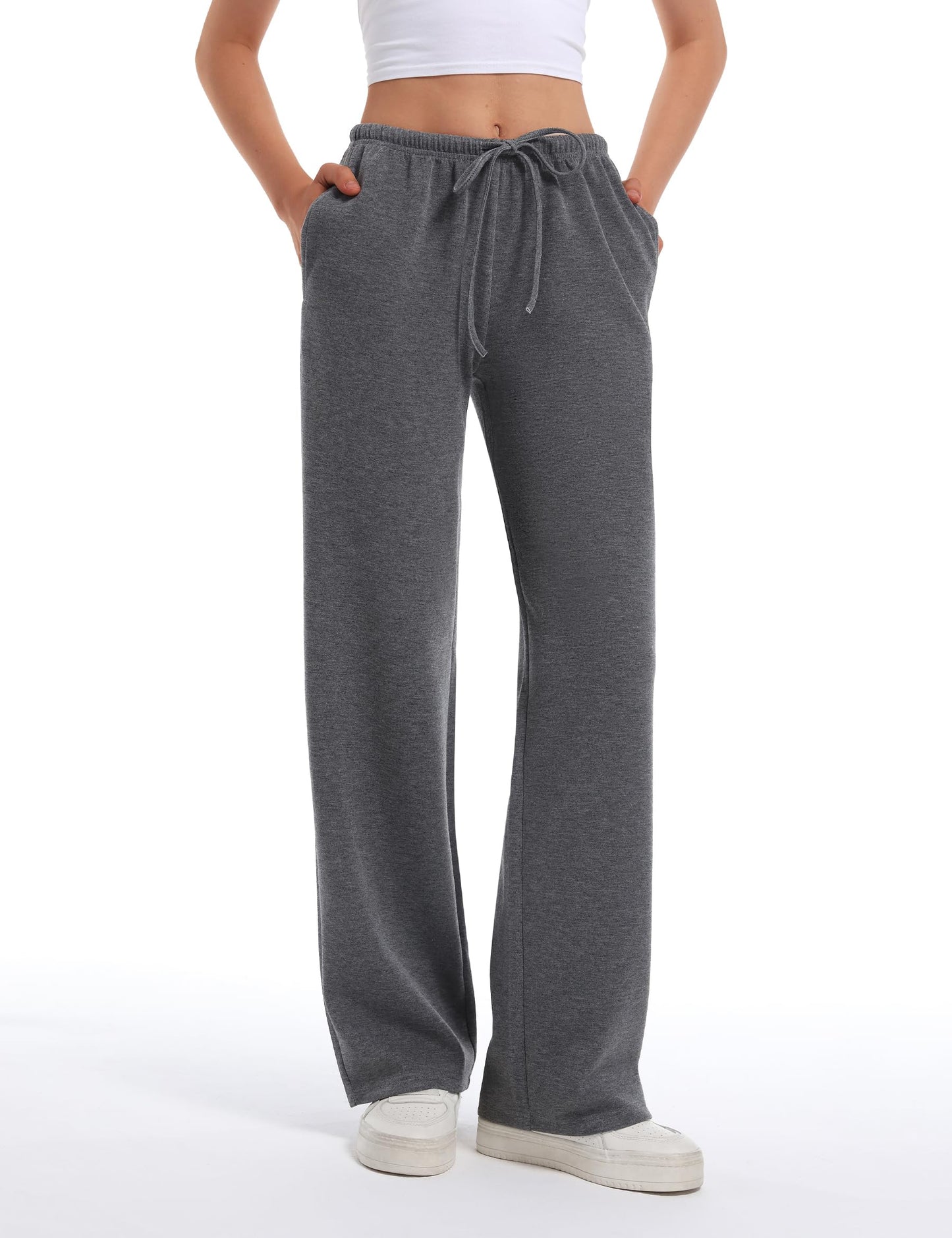 HeSaYep Women's Wide Leg Sweatpants Straight Leg Lowrise Sweat Pants Drawstring Elastic Low Waist Pants with Pockets, Dark Grey S