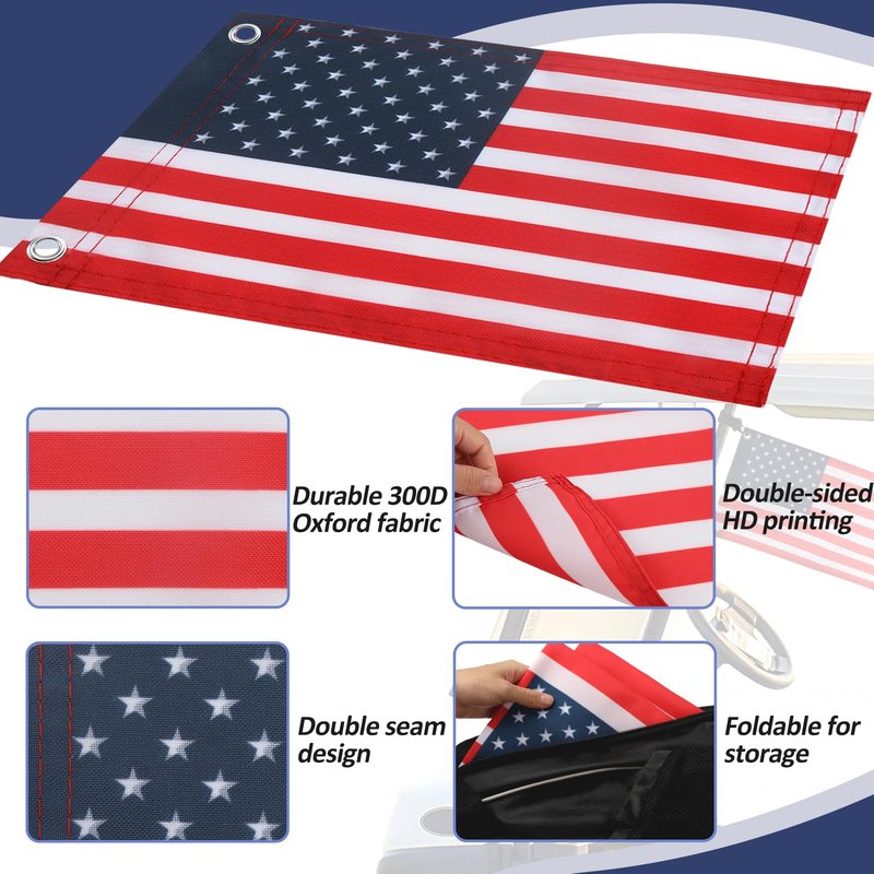 TRINKA Golf Cart Flag with Elastic Strap Bracket, Easy Installation American Handicap Flag for Golf Cart, Boat, Bike (2 Pack 12" x 18" American Flags)