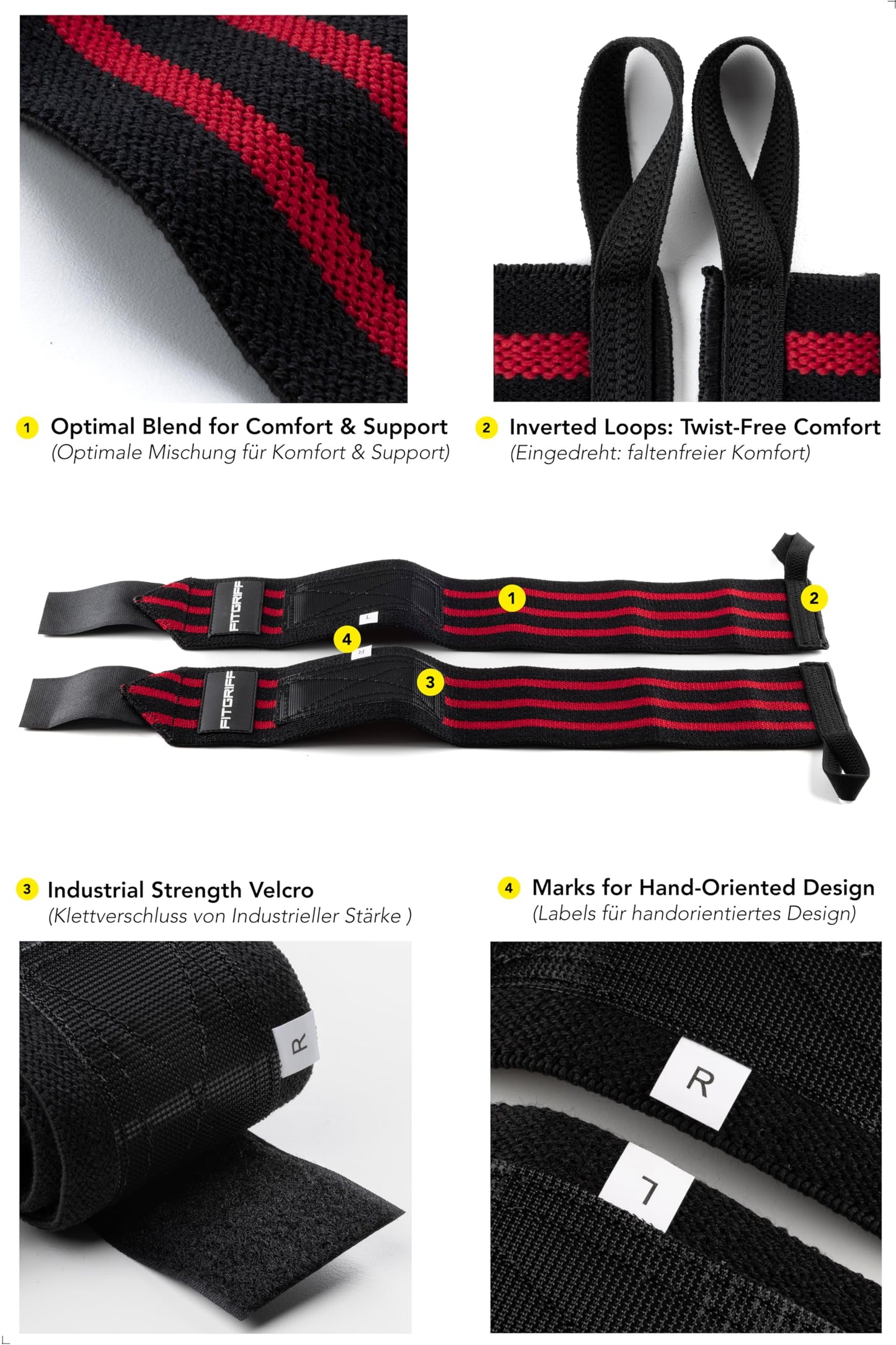 Fitgriff® Lifting Straps & Wrist Wraps (Bundle) Superior Support for Weightlifting & Gym Workouts - for Men and Women (Black/Red)