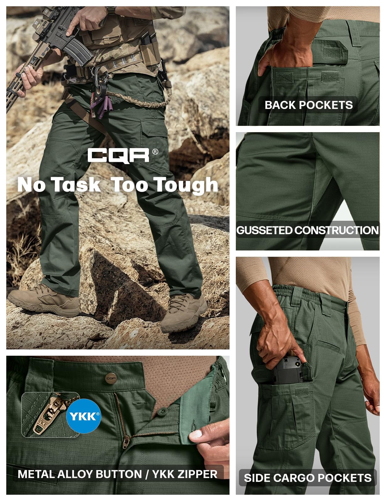 CQR Men's Tactical Pants, Water Resistant Ripstop Cargo Pants, Lightweight EDC Work Hiking Pants, Outdoor Apparel, Raider Green Kelp, 42W x 30L