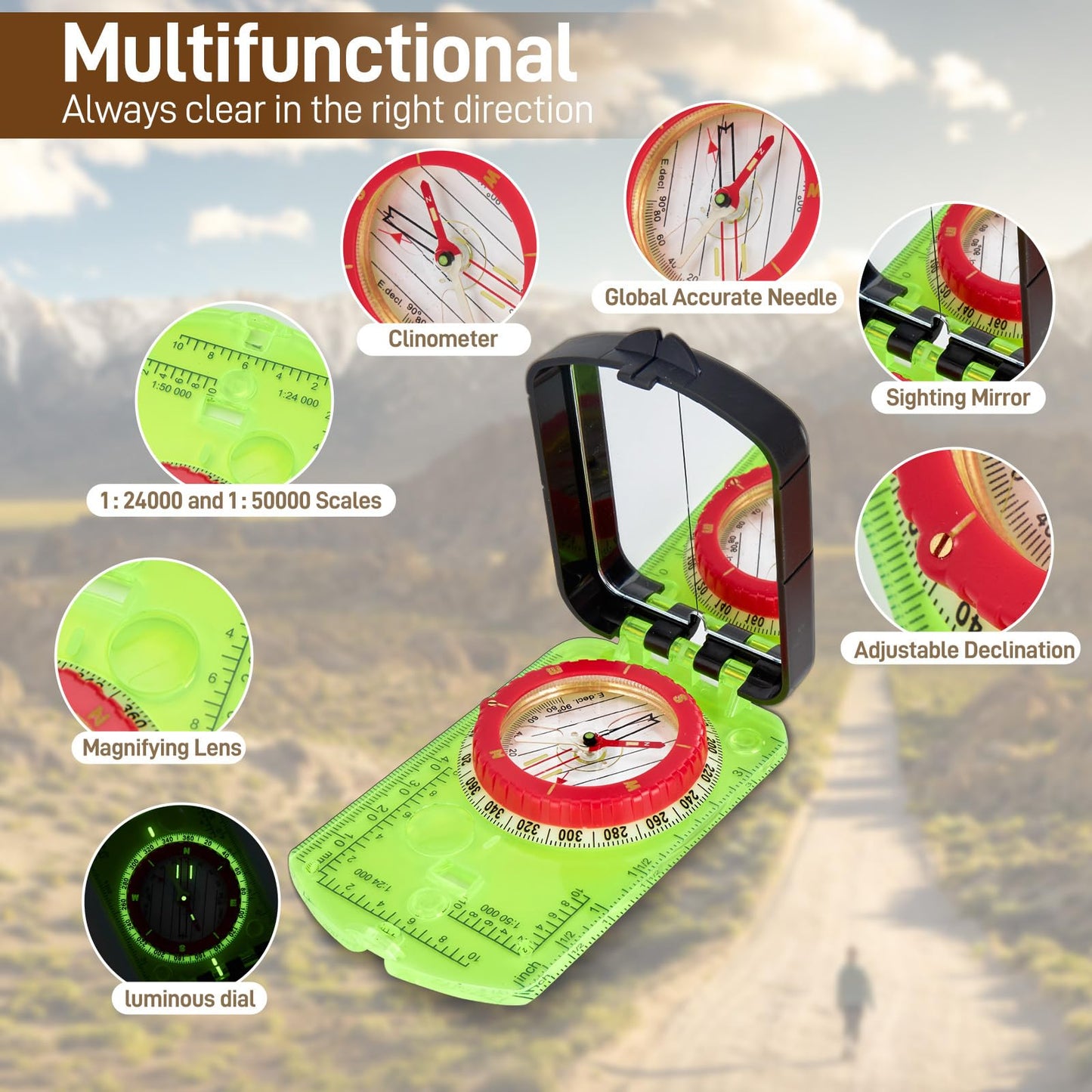 Compass Hiking Survival, Sportneer Orienteering Compass Lensatic Military Compass Boy Scout Compass with Military Grade Sighting Mirror for Kids Hiking Camping Hunting (Green)