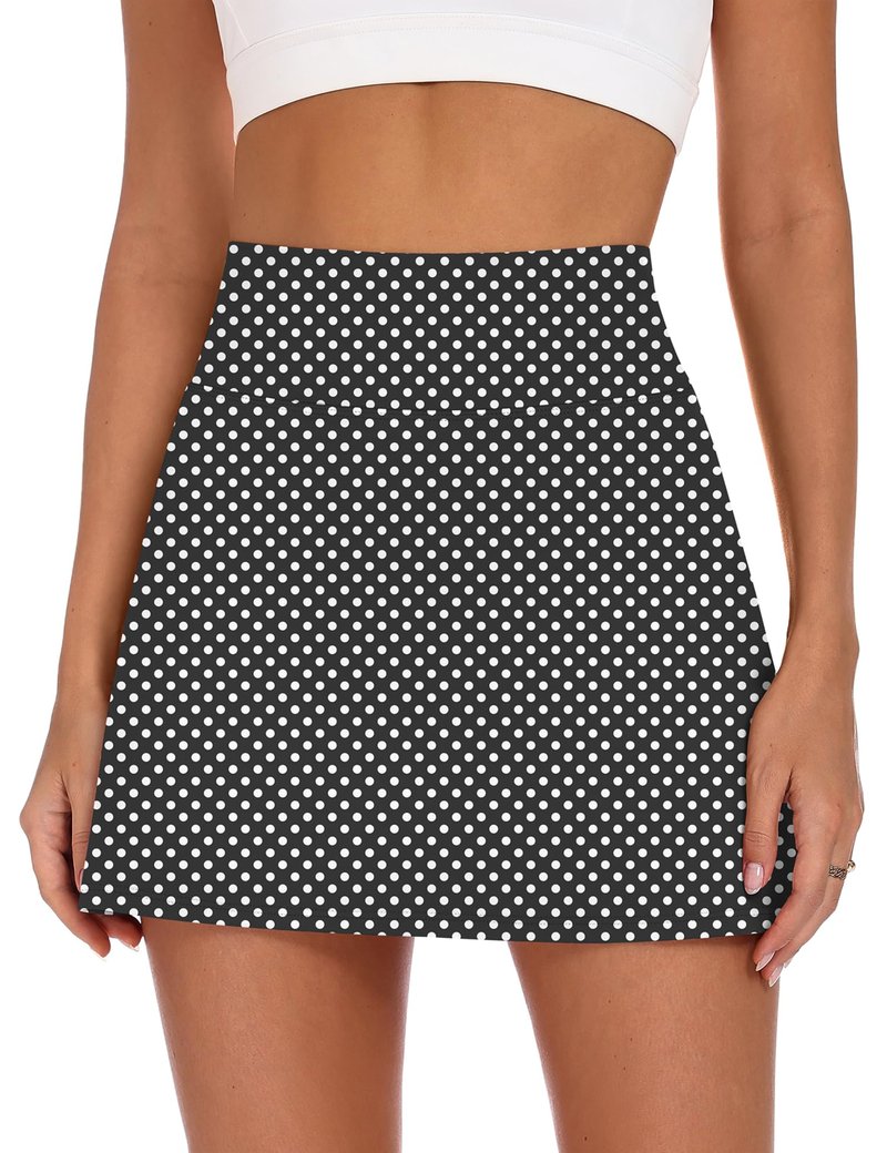 LOMON Womens Mini Skort with Built-in Shorts and Pockets, High Waisted A-Line Stretchy Athletic Skirt for Tennis Golf Gym & Everyday Styling (Black Dot, S)