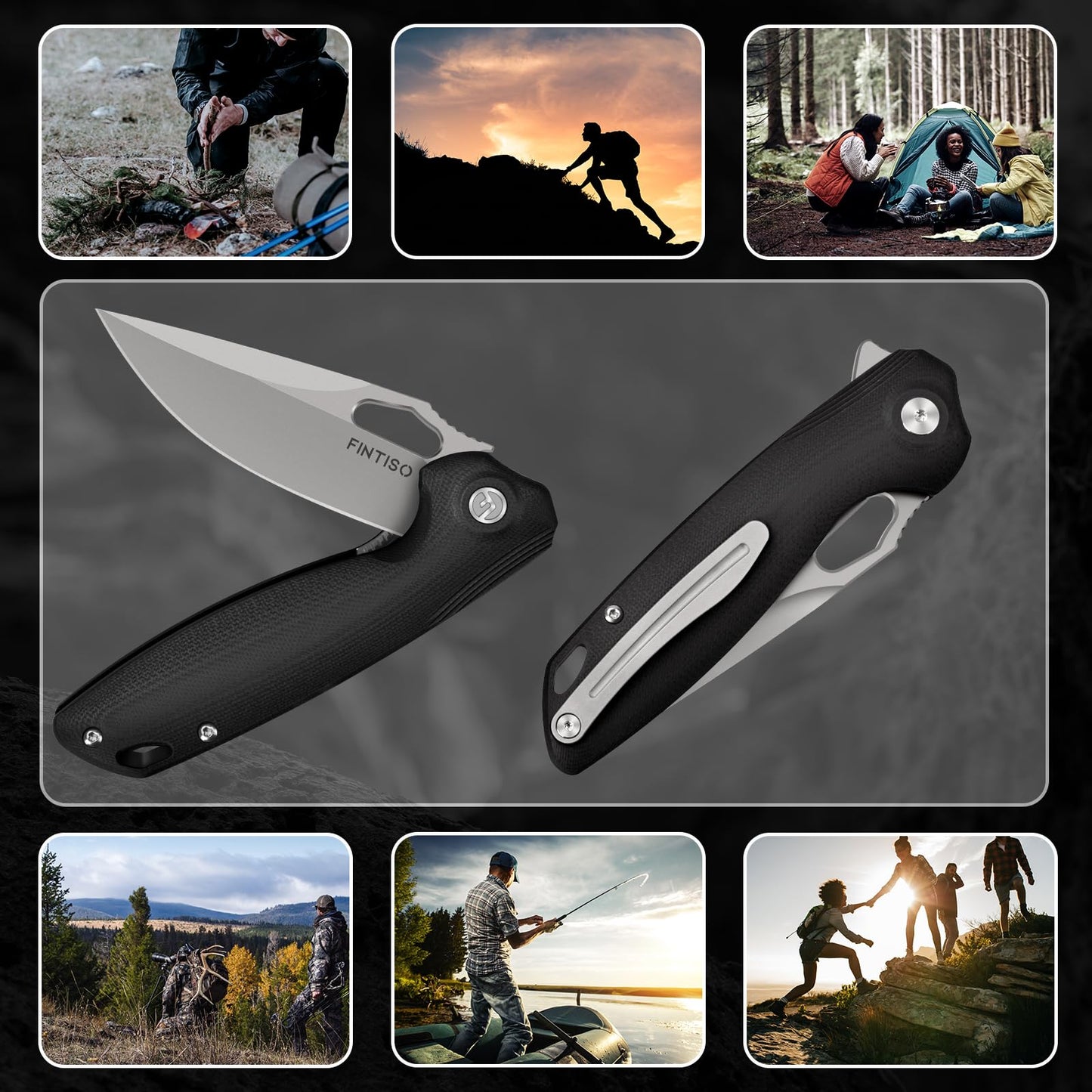 FINTISO Pocket Knife 3.38" Folding Knife Premium Swedish 14C28N Blade, High-End Design EDC Knife with G10 Handle, Camping Survival Hiking Knife, Best Gift for Men Women