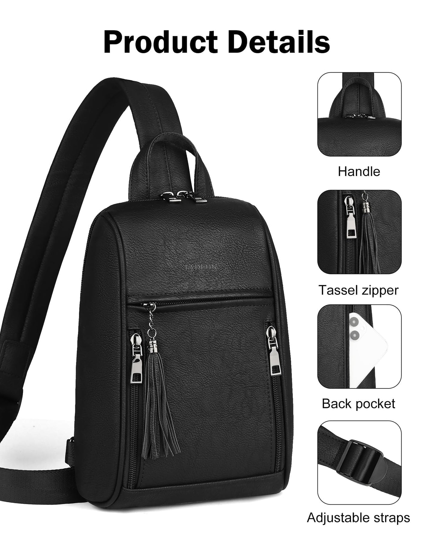 FADEON Sling Bag for Women, Crossbody Backpack with Tassels, Designer Leather Shoulder Chest Bags for Travel