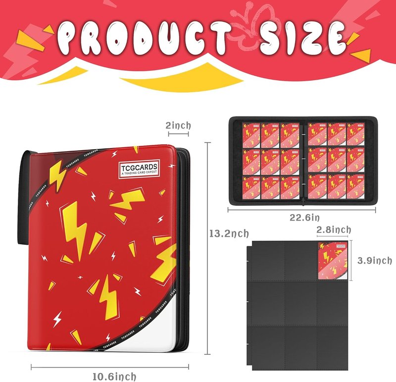 Trading Card Binder - 9 Pocket Album with 50 Removable Sleeves | Red 3-Ring Zip Design for TCG & MTG Collectibles