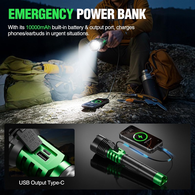 WdtPro Rechargeable LED Flashlights High Lumens, Super Bright 90000LM Rechargeable Flashlight with LCD Display, 5 Modes & Waterproof Powerful 10000mAh 30H Flashlight for Camping Emergency Green