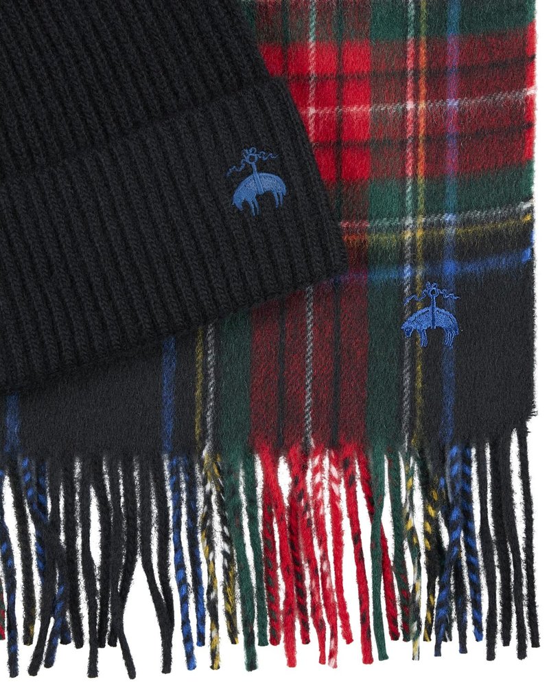 Brooks Brothers Signature Wool and Cashmere Woven Scarf & Ribbed Knit Beanie Boxed Gift Set for Men - Elegantly Boxed Men's Luxury Winter Present, Black Hat/Black-Blue Plaid Scarf