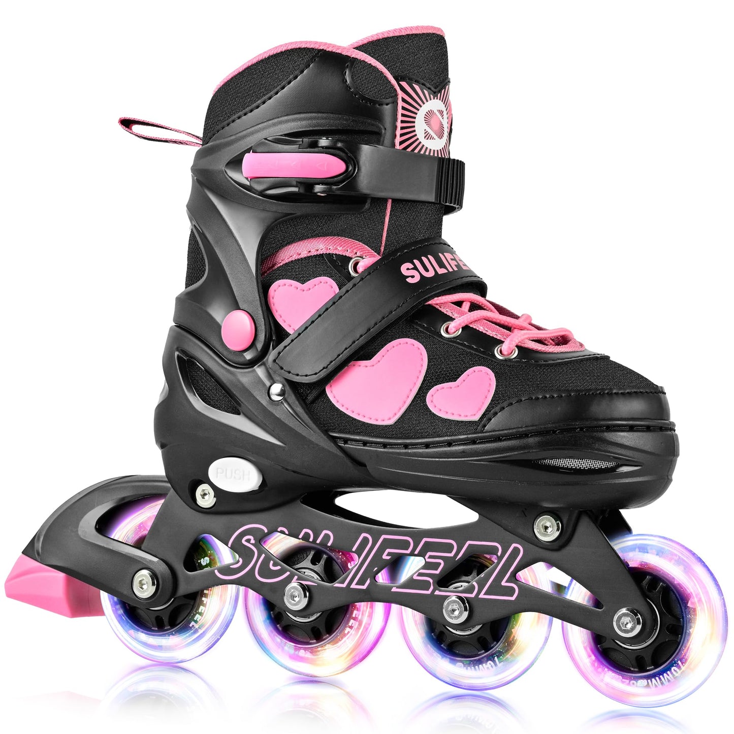 SULIFEEL Love Hearts 4 Size Adjustable Kids Inline Skates for Girls with Fluffy Pom Light Up Wheels Ages 3-12 Girls Birthday Gift for Indoor Outdoor Sports