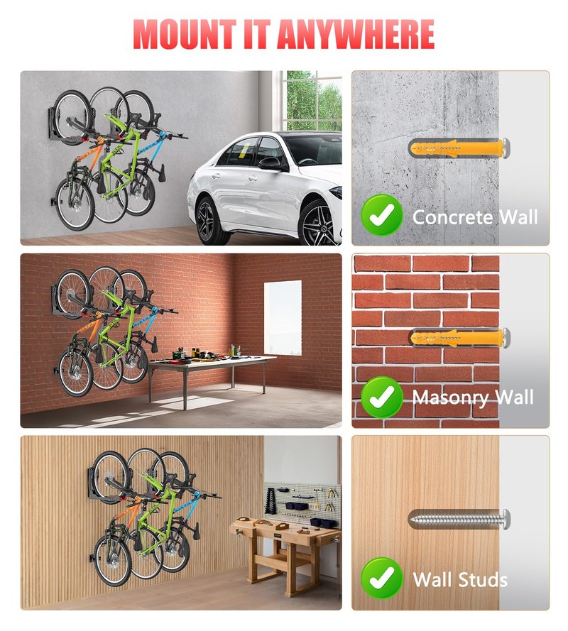 ALIXUEQIN Swivel Bike Wall Mount 2 Pack Bike Rack for Garage, No Heavy Lifting Required Wall Bike Hangers Can Holds up to 77 lbs (Black & Red)