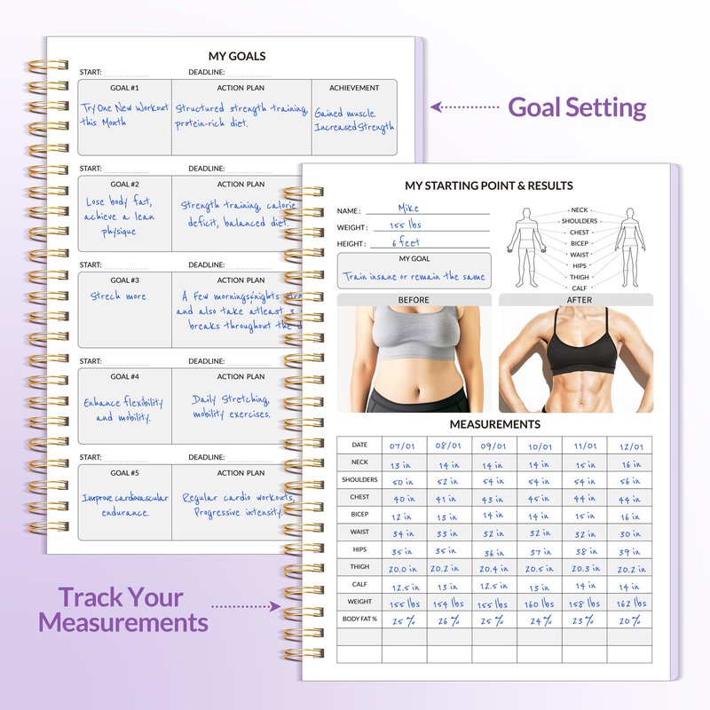 Fitness Journal Workout Planner for Women & Men, A5 (6.4" x 8.3") Workout Journal Log Book Planner Gift for Track Gym Essentials, Home Workouts, Track Progress, Achieve Wellness Goals, Purple