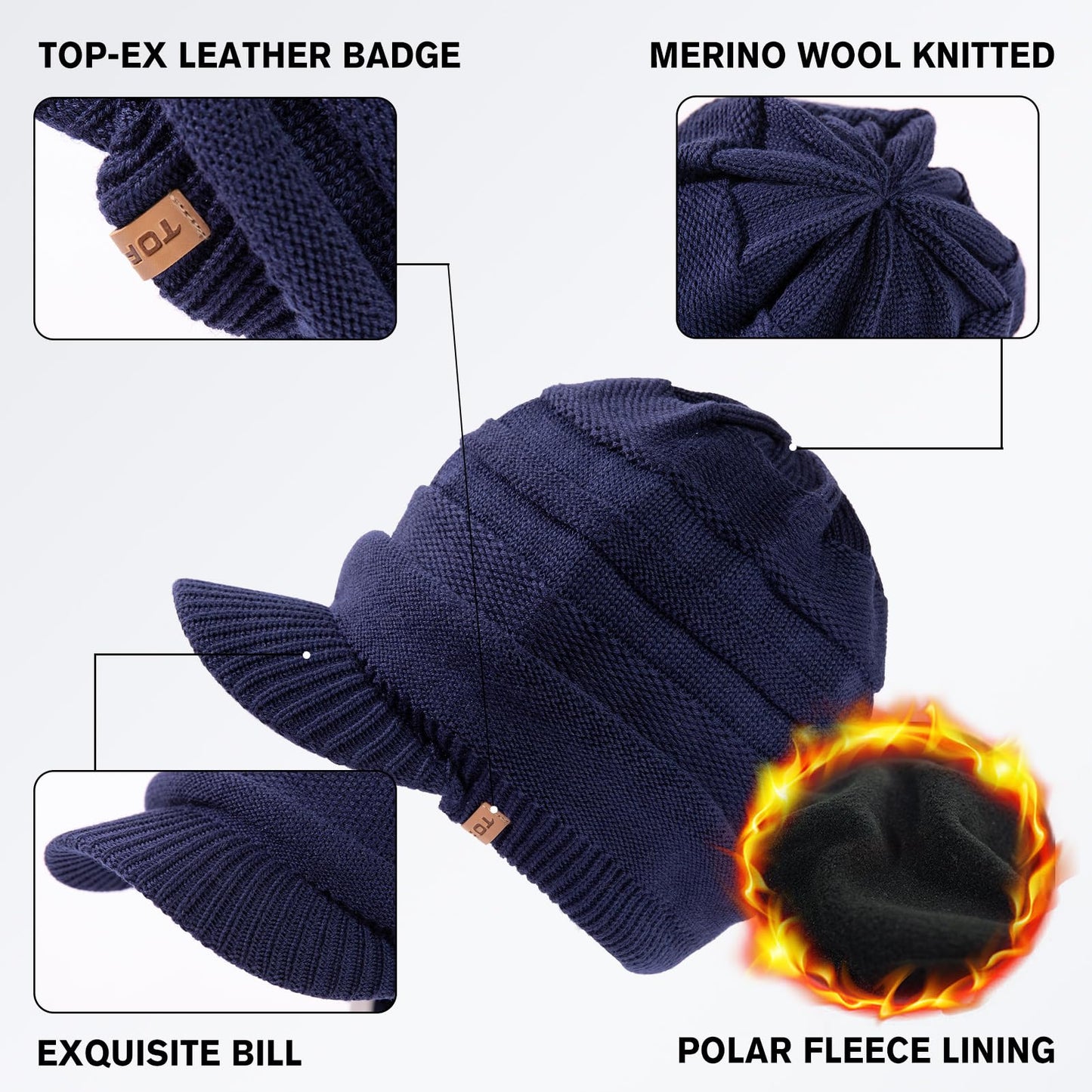 TOP-EX Waterproof Merino Wool Visor Beanie Winter Hat with Brim for Men Women, Knit Cap Bill Beanies Stocking Fleece Lined Cold Weather Protection Outdoor, Navy XL XXL Extra Large Big Head Oversize