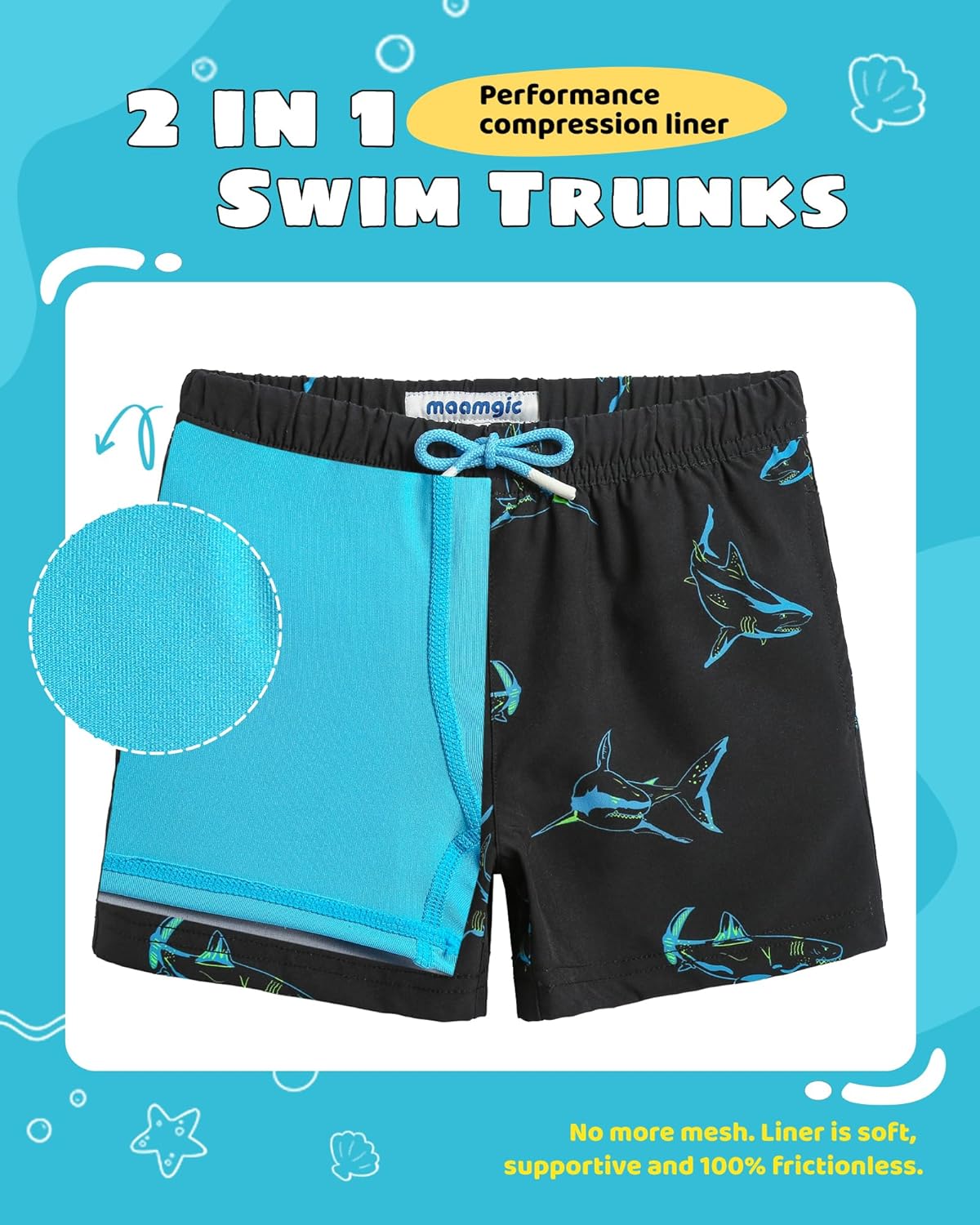Boys Swim Trunks with Compression Liner - Toddler Stretch Swim Shorts for Comfort & Performance