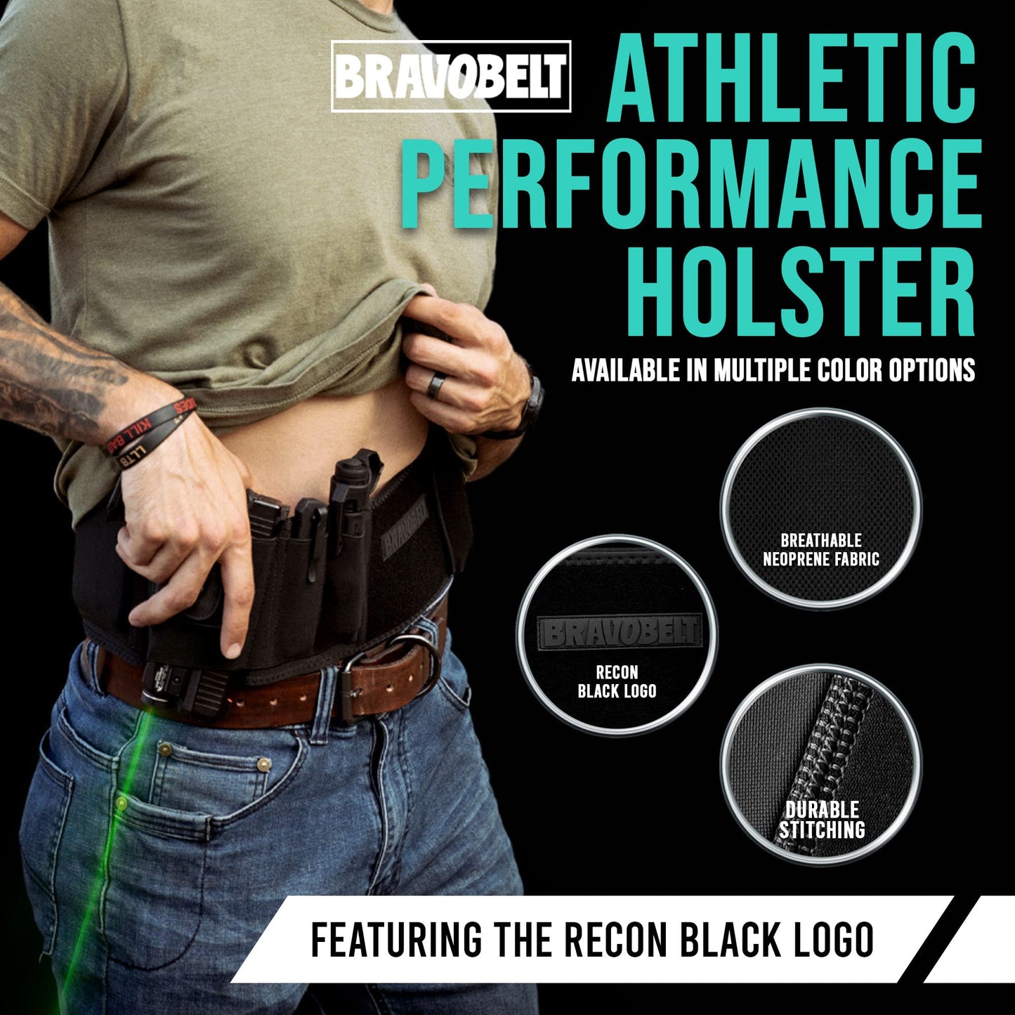 BravoBelt Laser Fit Edition - Belly Band Holster for Concealed Carry | Compatible with Red Dot, Lasers & Tactical TLR Light Systems -Unisex, Black