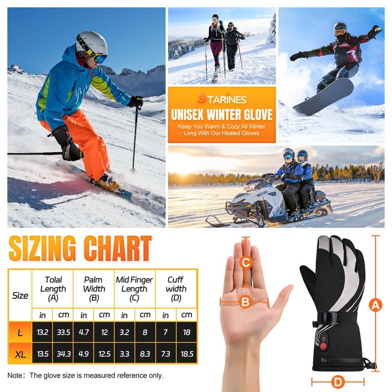 Starines Heated Gloves for Men Women 7.4V Battery Rechargeable Electric Heating Work Gloves Touchscreen Waterproof Hand Warmer for Christmas Winter Outdoor Ski Motorcycle Hiking Camping Hunting Gifts