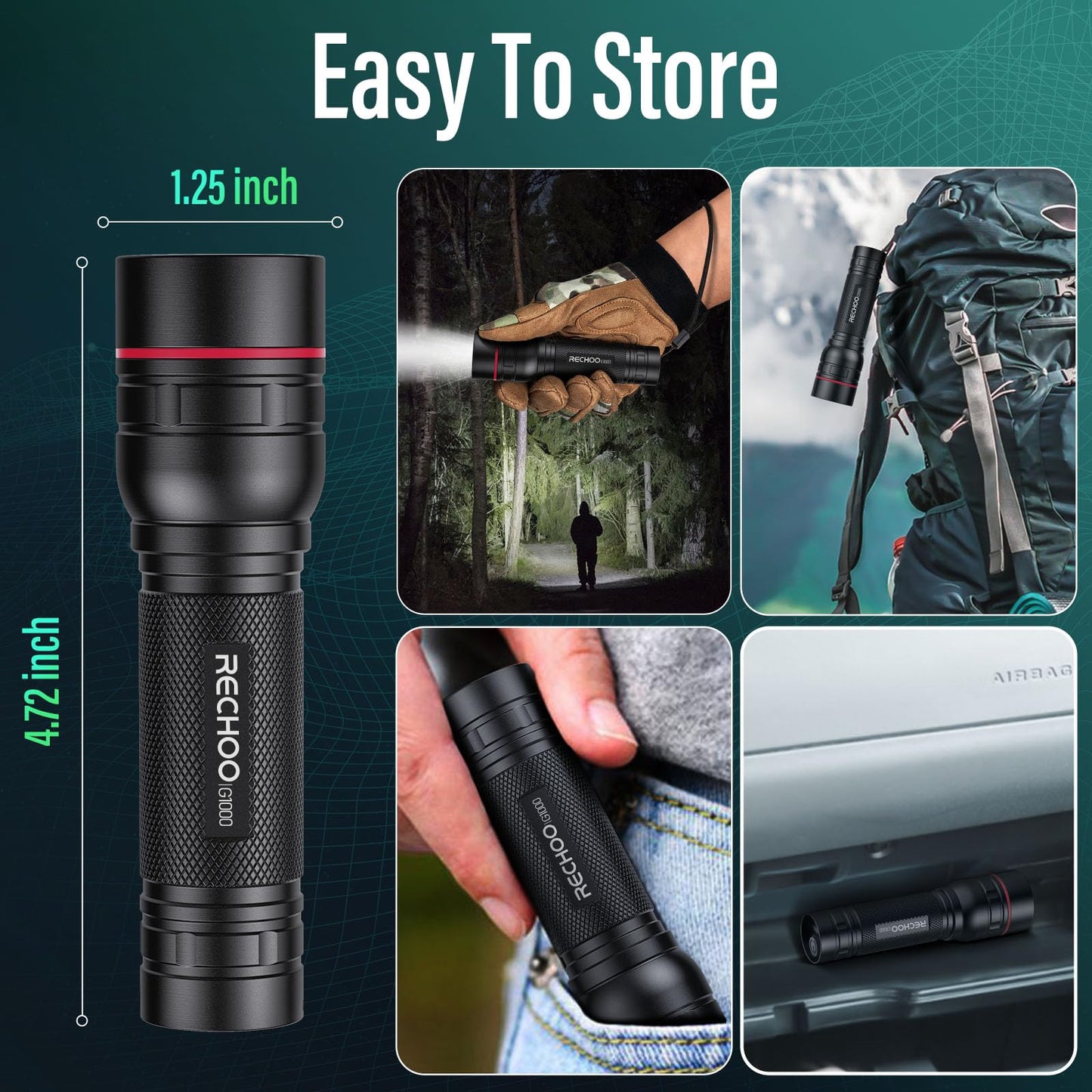 RECHOO Rechargeable Flashlights High Lumens, G1000 Super Bright Flash Light, Small Zoomable Led Flashlight with 3 Lighting Modes, Portable Tactical Flashlights for Camping (Battery Included)