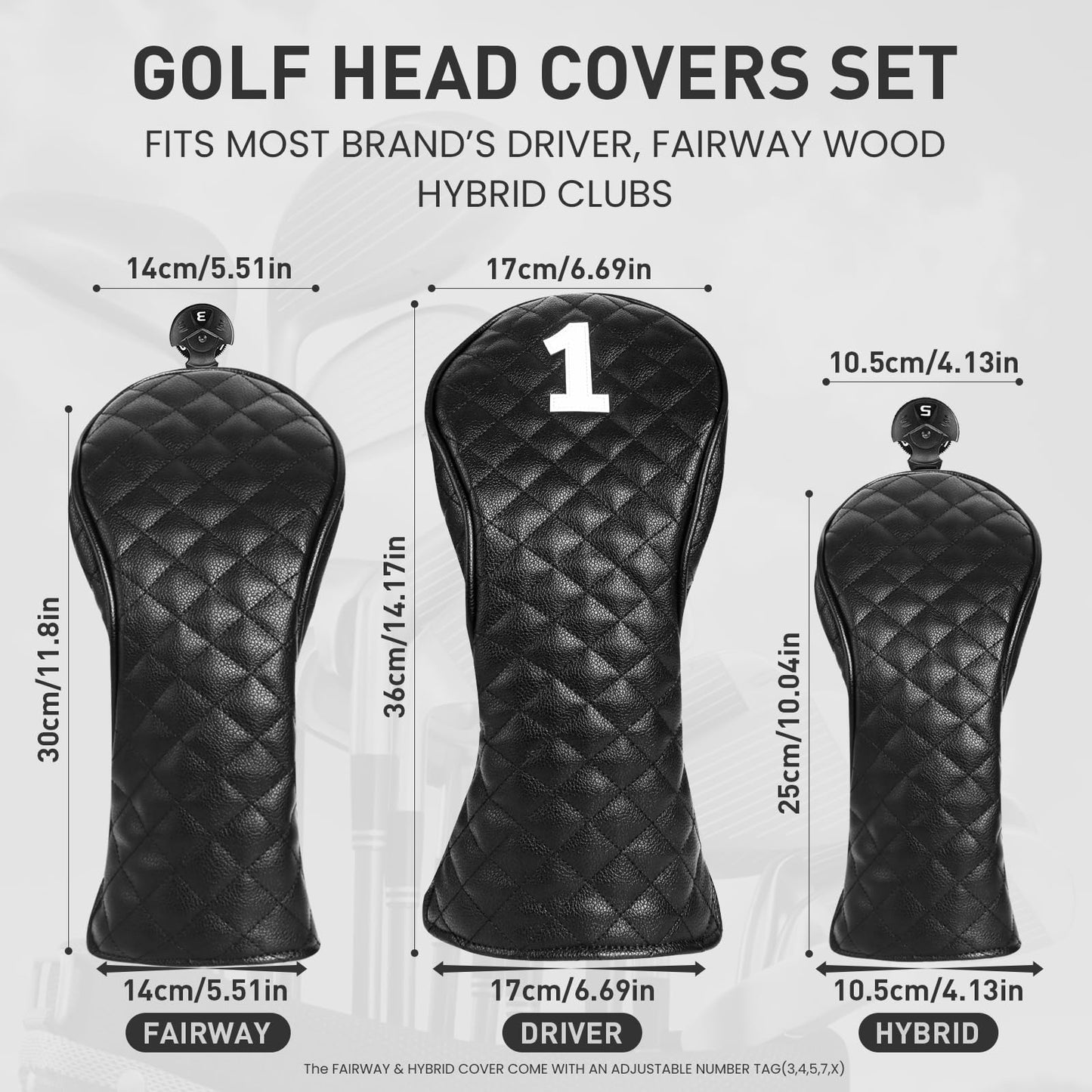 FINGER TEN Golf Club Head Covers for Woods Driver Fairway Hybrid with Interchangeable Number Tag 1 3 5 Premium Leather Headcovers for Women Men (Black, D+F+H)
