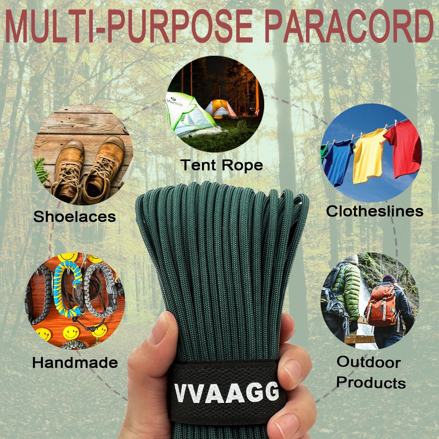 VVAAGG 550 Paracord 100FT 4mm Durable Camping Rope, Tent Rope, Clothsline Rope, Marine Weatherproof Rope, Nylon Parachute Cord Rope (Dark Green)