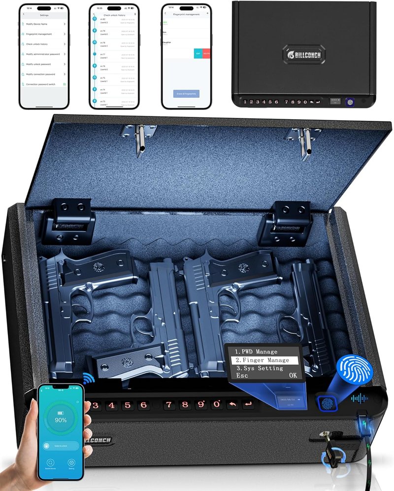 Smart Gun Safe - Biometric Pistol Safe with 4 Access Methods, LCD & Voice Guide | Nightstand & Car Security