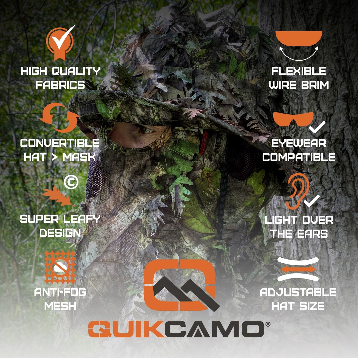 QuikCamo Men’s Mossy Oak Greenleaf 3D Leafy Camo Bucket Hat with Built-In Face Mask for Turkey Hunting - Adjustable Size