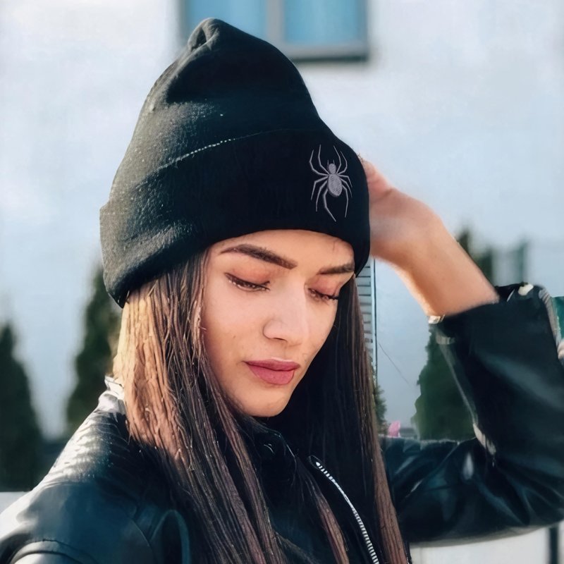 Cool Spider Web Pattern Halloween Beanie, Embroidered araneid Wool Knit Beanies Hats Gift for Men Women, Keep Warm Soft Stretchy Winter hat for Cold Weather araneid Accessory Black