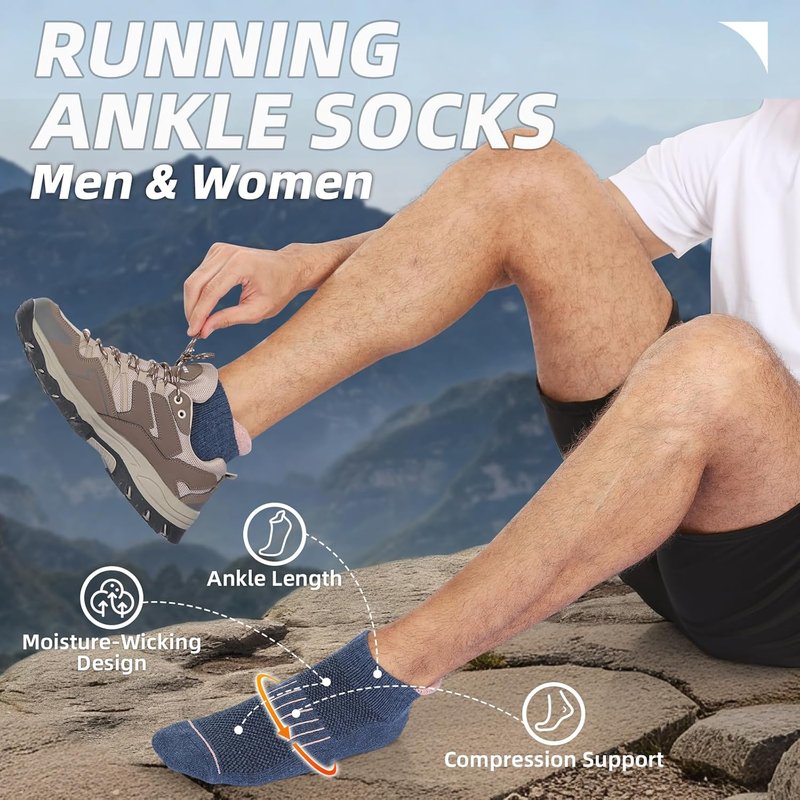 Merino Wool Ankle Hiking Running Socks - Breathable Compression Athletic No Show | 6 Pairs for Men & Women