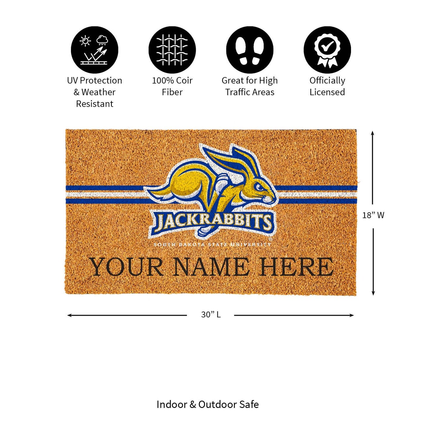 Team Sports America NCAA South Dakota State University College Personalized Coir Door Mat, 18 x 30 Inches Custom Name Doormat, Front Door Welcome Mats