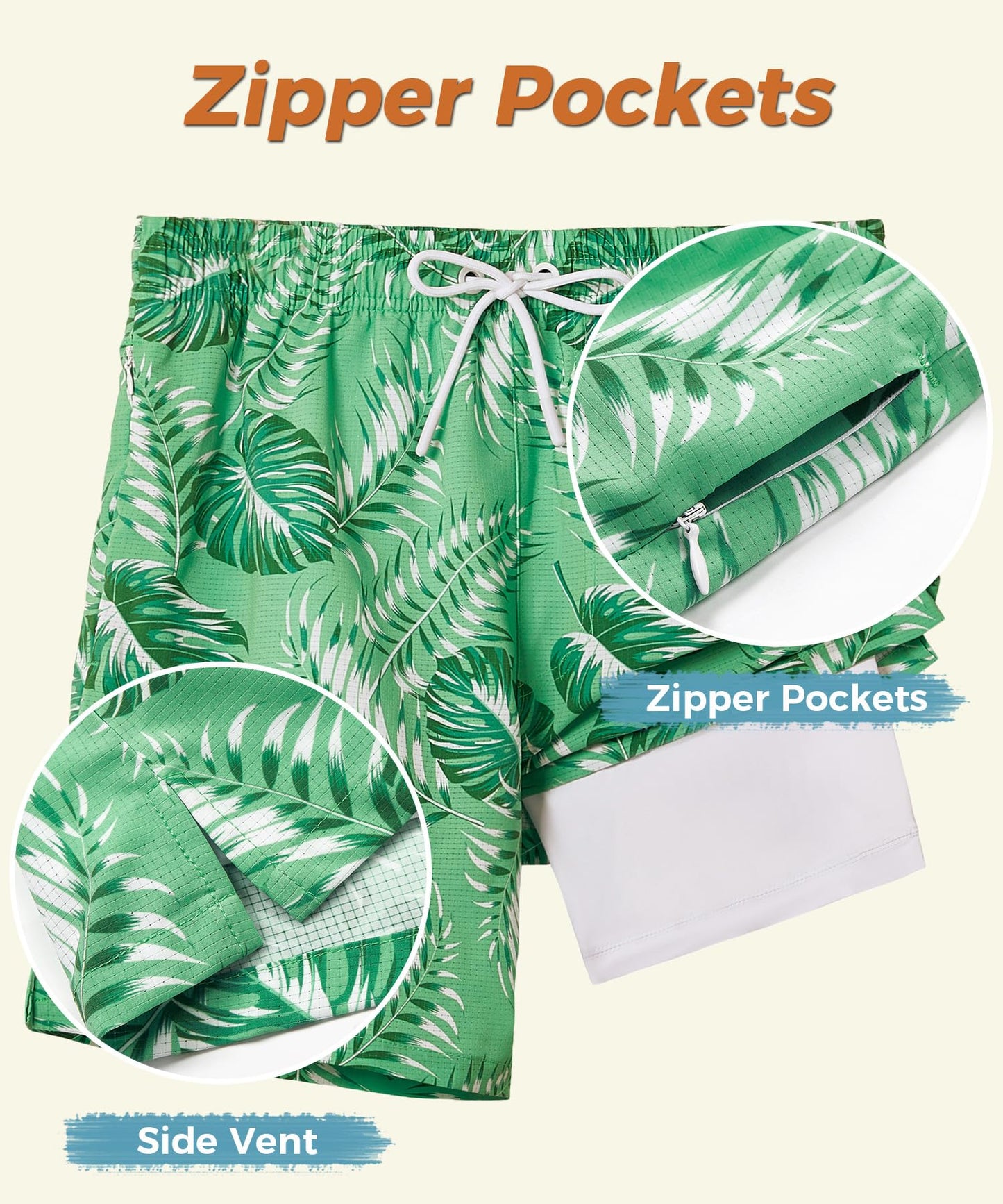 ELETOP Men's Swim Trunks with Compression Liner Bathing Suit Beach Board Shorts with Zipper Pockets Palm Leaf Green L