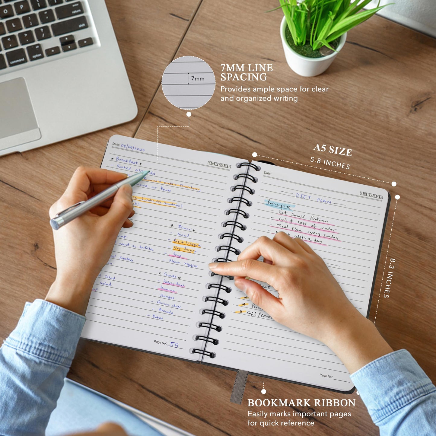 Nextnoid Lined Spiral Notebook Journal For Women & Men - A5(5.8" x 8.3") 170 Pages, Hardcover Notebooks for Work & Note Taking, College Ruled Journals for Writing - Black