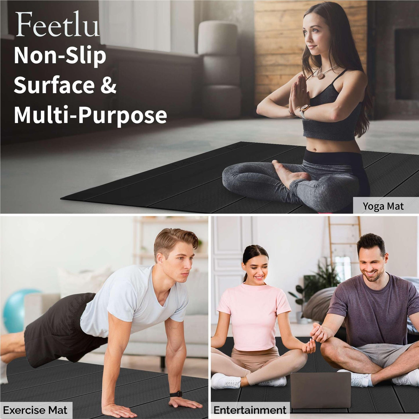 Feetlu Foldable Large Exercise Yoga Mat: Extra Thick Workout Mat for Home Gym and Travel - Anti-Slip Folding Exercise Mat for Yoga, Pilates, and More