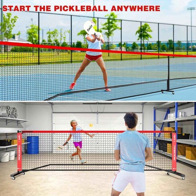Fostoy Portable Pickleball Net with Wheels, Regulation Size 22 FT & Half Court 11 FT, Steady Metal Frame for Backyards, Driveways, and Garages (Black&Red)