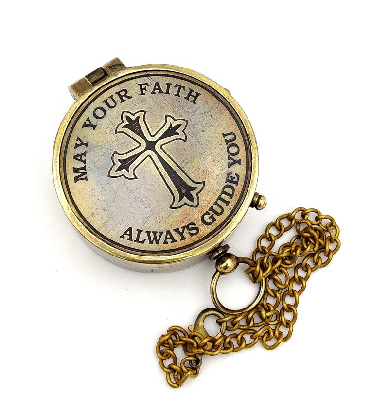 5MOONSUN5's Brass Compass Cross and May Your Faith Always Guide You Engraved. Keepsake Confirmation Gift Ideas, Heavenly Gift of Faith. The Perfect Baptism, Missionary, Birthday with Display Stand.