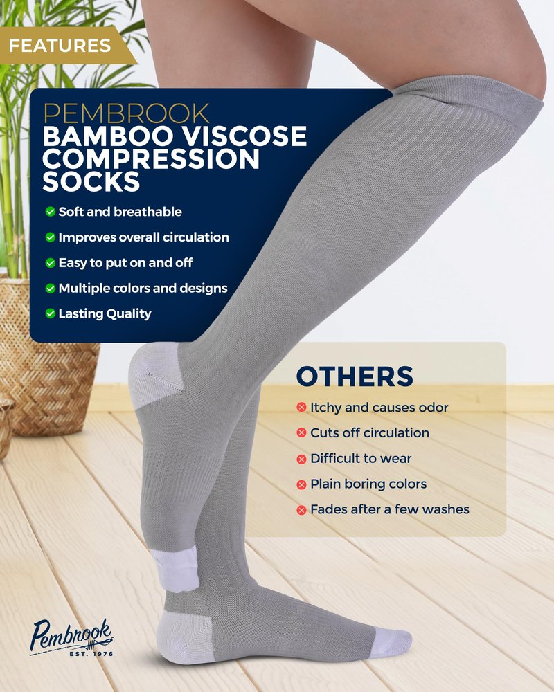 Pembrook Bamboo Viscose Light Compression Socks - 3 Pairs | 8-15 mmHg Compression Socks Women and Men | Support for Soreness, Varicose Veins, Edema | Black, White, Gray
