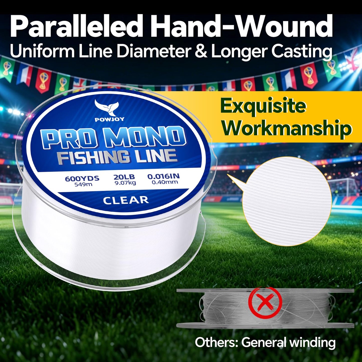 POWJOY 20lb Clear Monofilament Fishing Line 600Yds, No‑Tangle Snap Ring, Low-Stretch Nylon Mono String with Knot Guide, Invisible Underwater & Abrasion Resistant, Multi purpose for hanging decorations