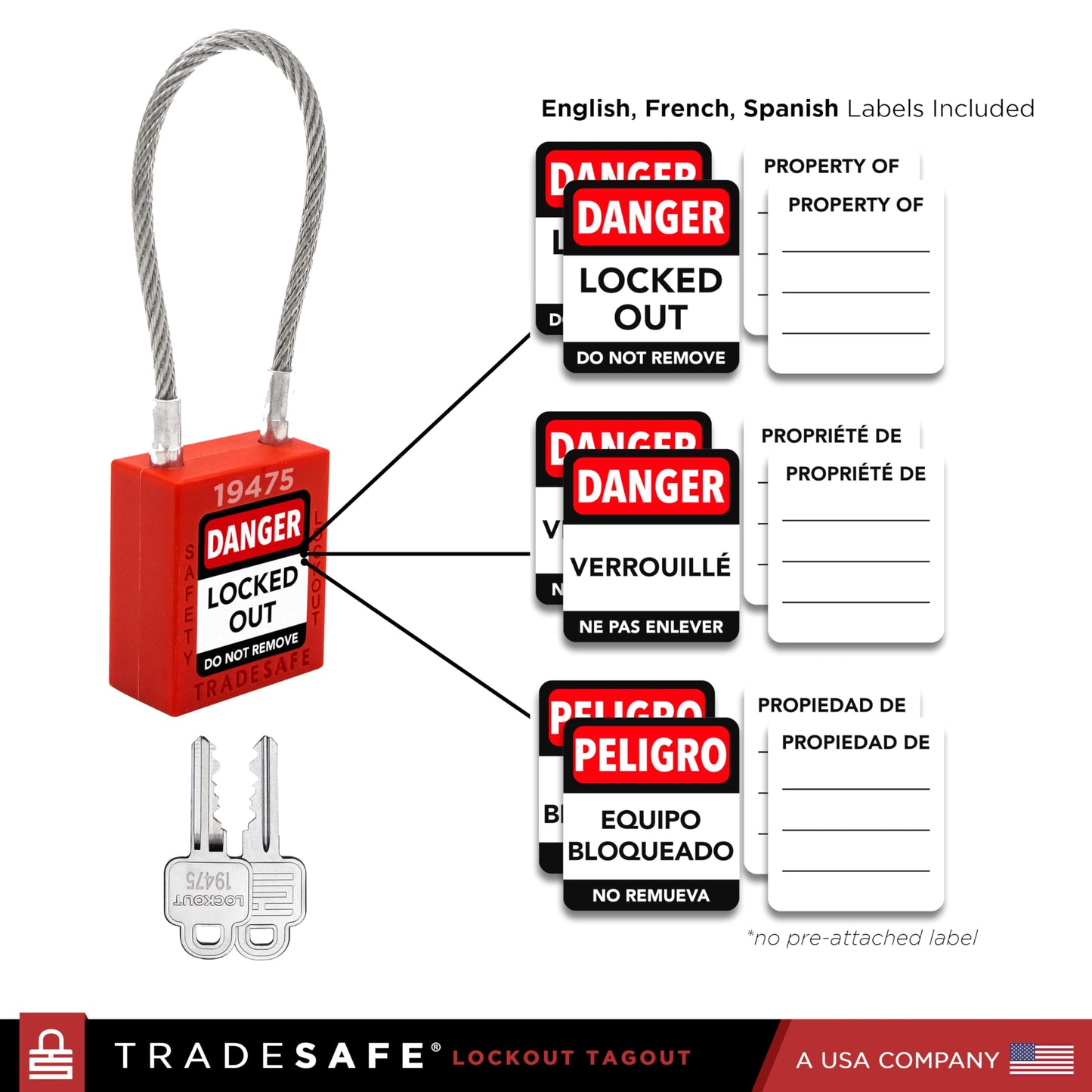 TRADESAFE Lockout Tagout Steel Cable Locks with Keys - 10 Red Keyed Alike Unlimited Grouping Electrical Lockout Padlock Set, 2 Keys Per Lock, Premium Grade Loto Locks, OSHA Compliant