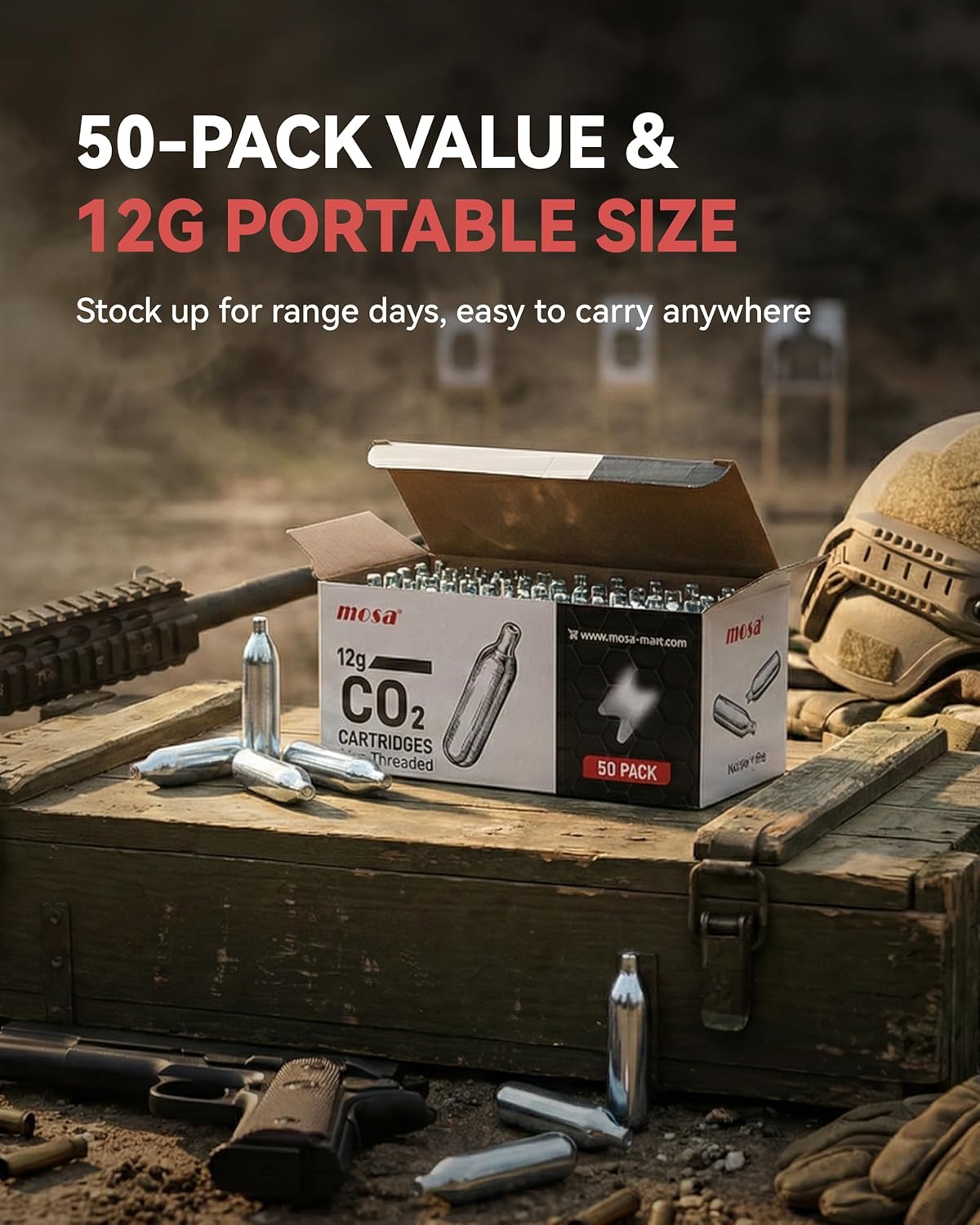 Mosa 12g CO2 Cartridges - 50-Pack Non-Threaded Leakproof Steel Capsules | Pure Carbon Dioxide for BB Guns & Airsoft Pistols