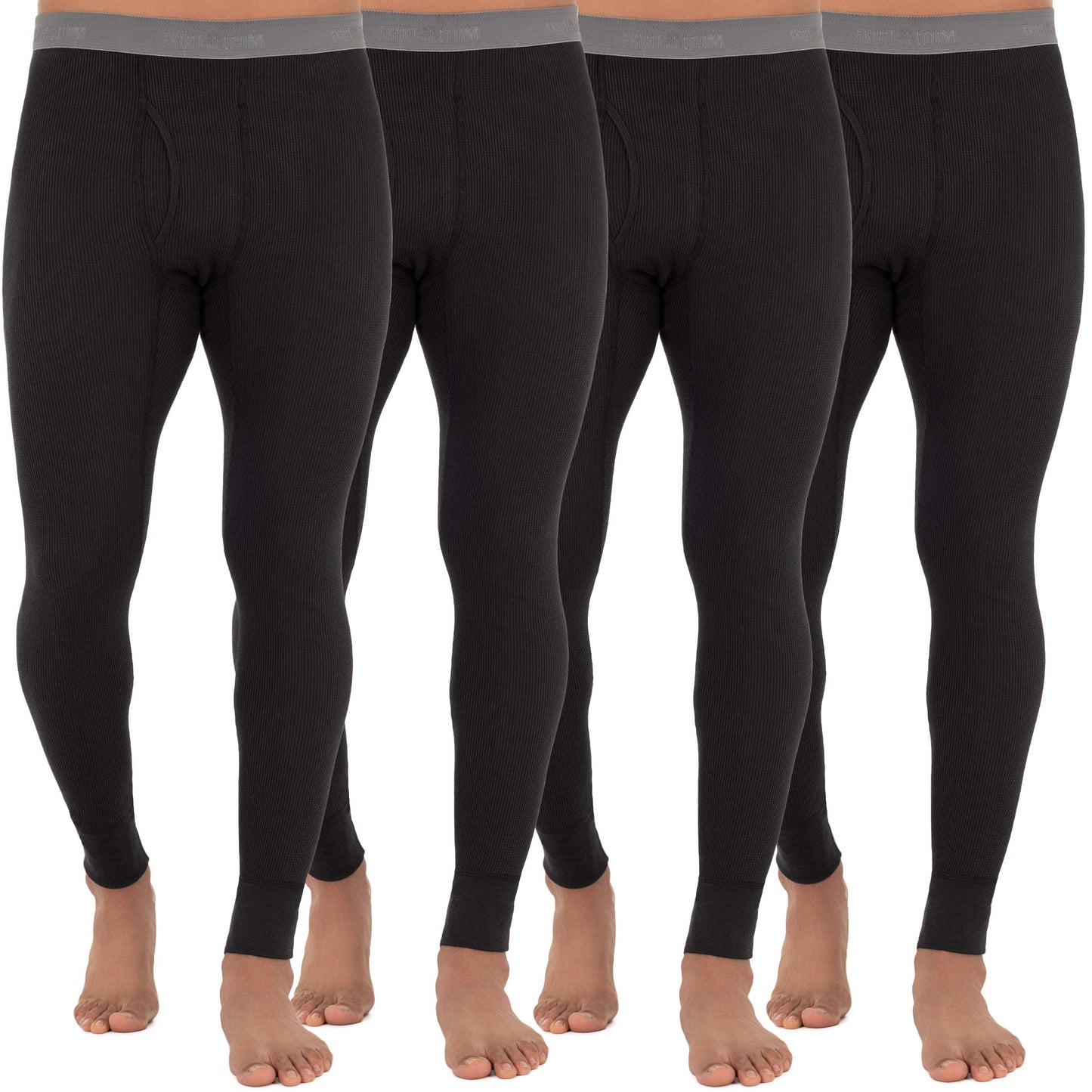 Fruit of The Loom Men's Recycled Premium Waffle Thermal Underwear Long Johns Bottom (1, 2, 3, and 4 Packs), Black 4 Pack, 2X