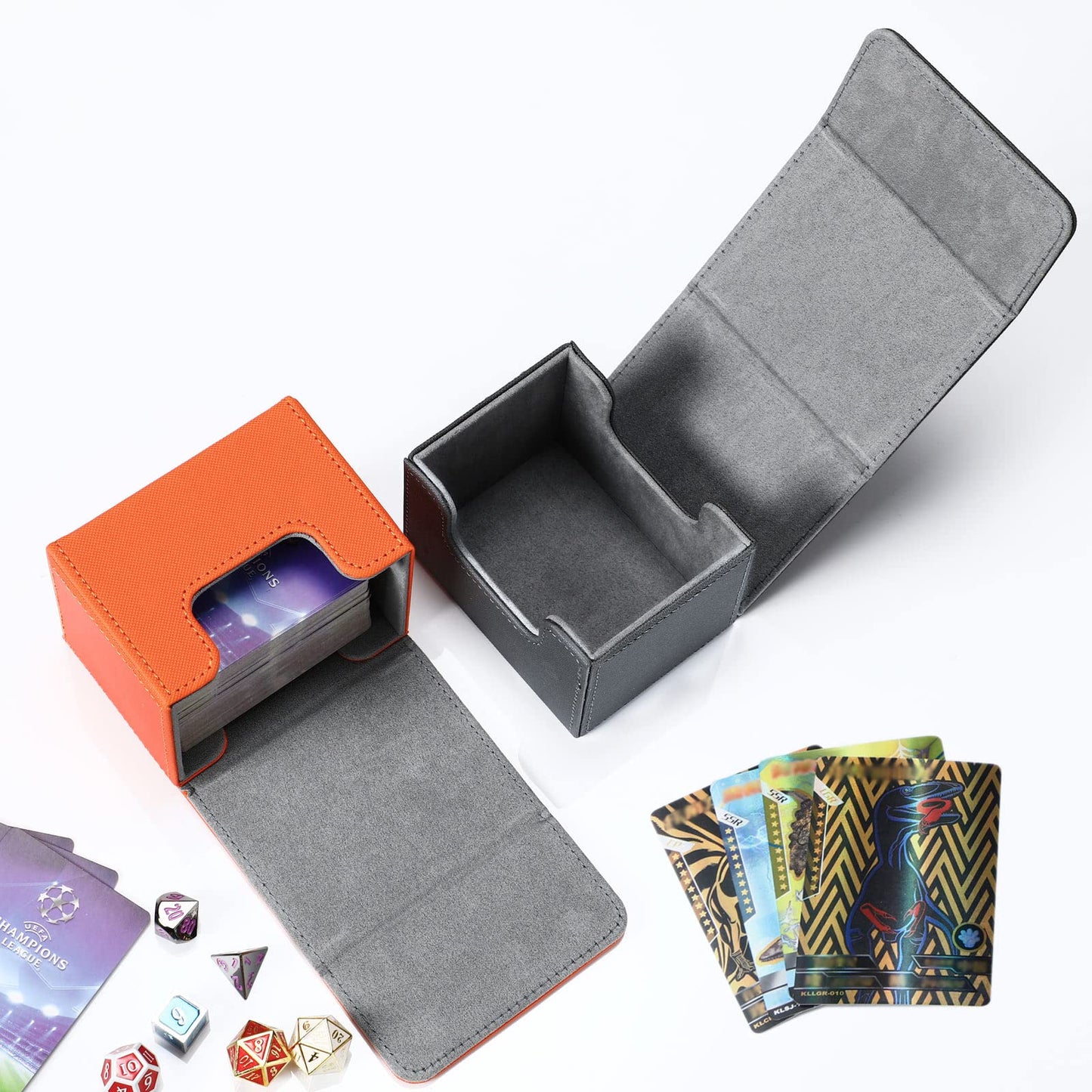 Weewooday 2 Boxes Leather Deck Card Boxes Large Size Fit 100 Plus Sleeved Cards Deck Game for Collectible Playing Compatible with Mtg Tcg(Horizontal,Orange, Gray)