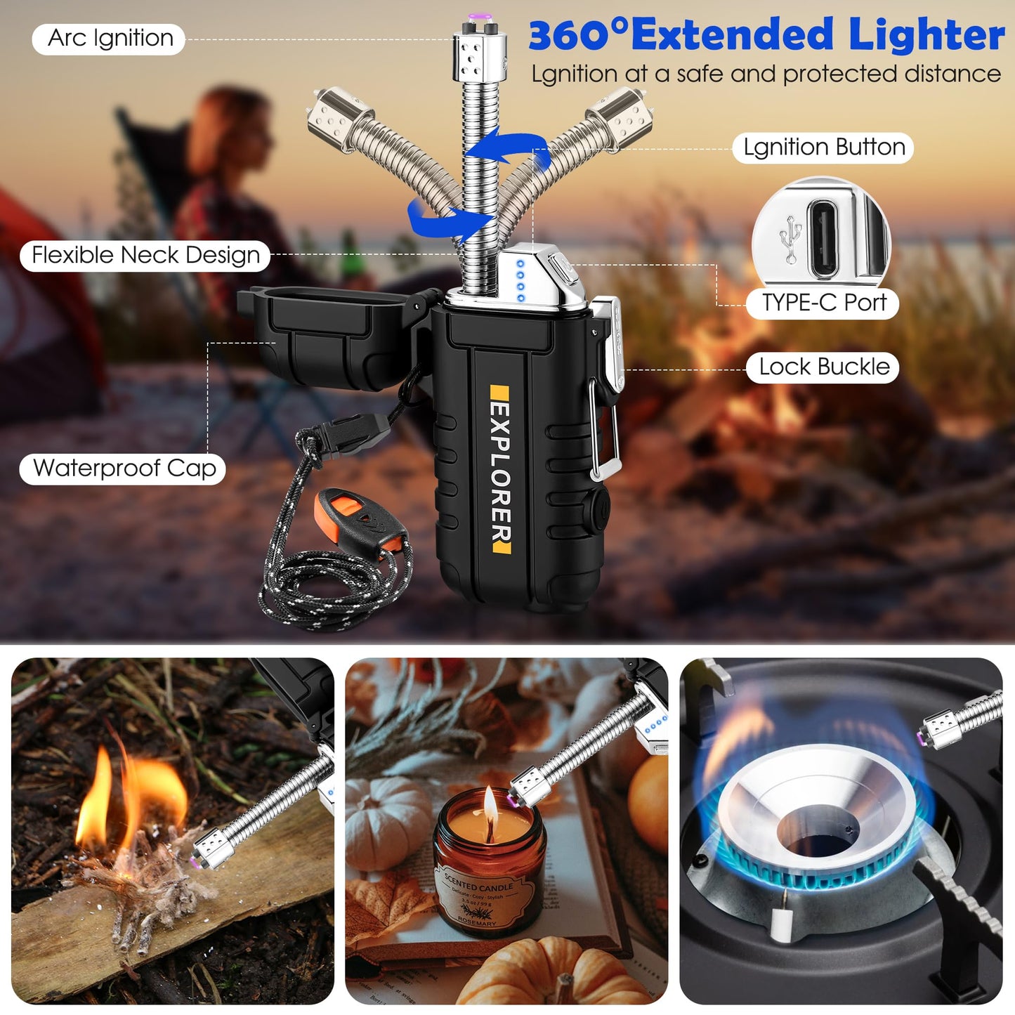 Bistfy Electric Lighter 360° Flexible Rechargeable USB Lighter, Type C Arc Plasma Lighter Windproof and Waterproof Flameless Grill Lighter for Candle Aromatherapy Camping (Flashlight Black)