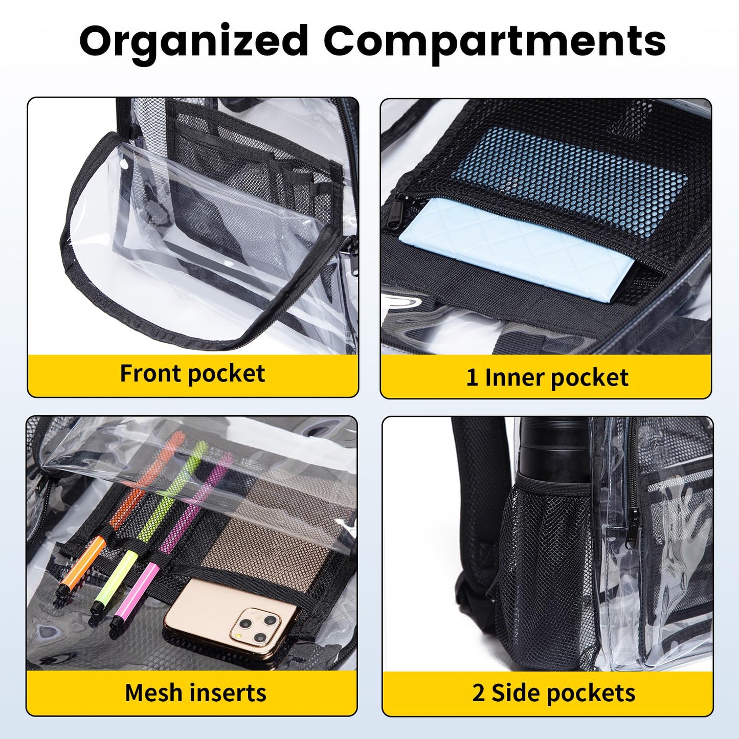 Vorspack Clear Backpack Heavy Duty - Extra Large Transparent Bookbag with Reinforced Strap PVC See Through Backpacks for College Workplace Travel - Black