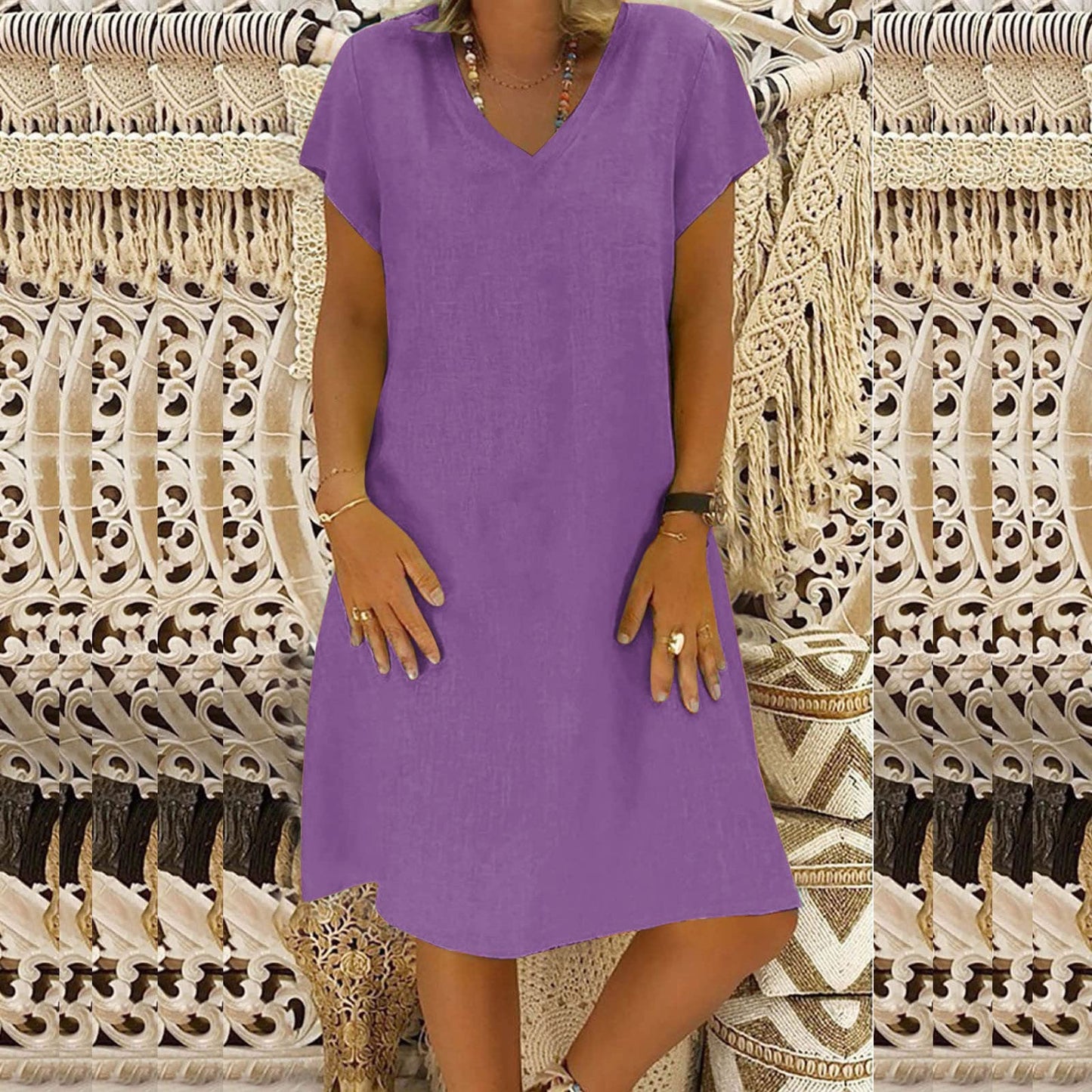 Generic Today Deals Women's Cotton Linen Knee Length Dress V Neck Short Sleeve Causal Loose Tshirt Dresses Summer Loose Shift Tunic Dress Vestido Mujer Elegante Purple, 3X-Large