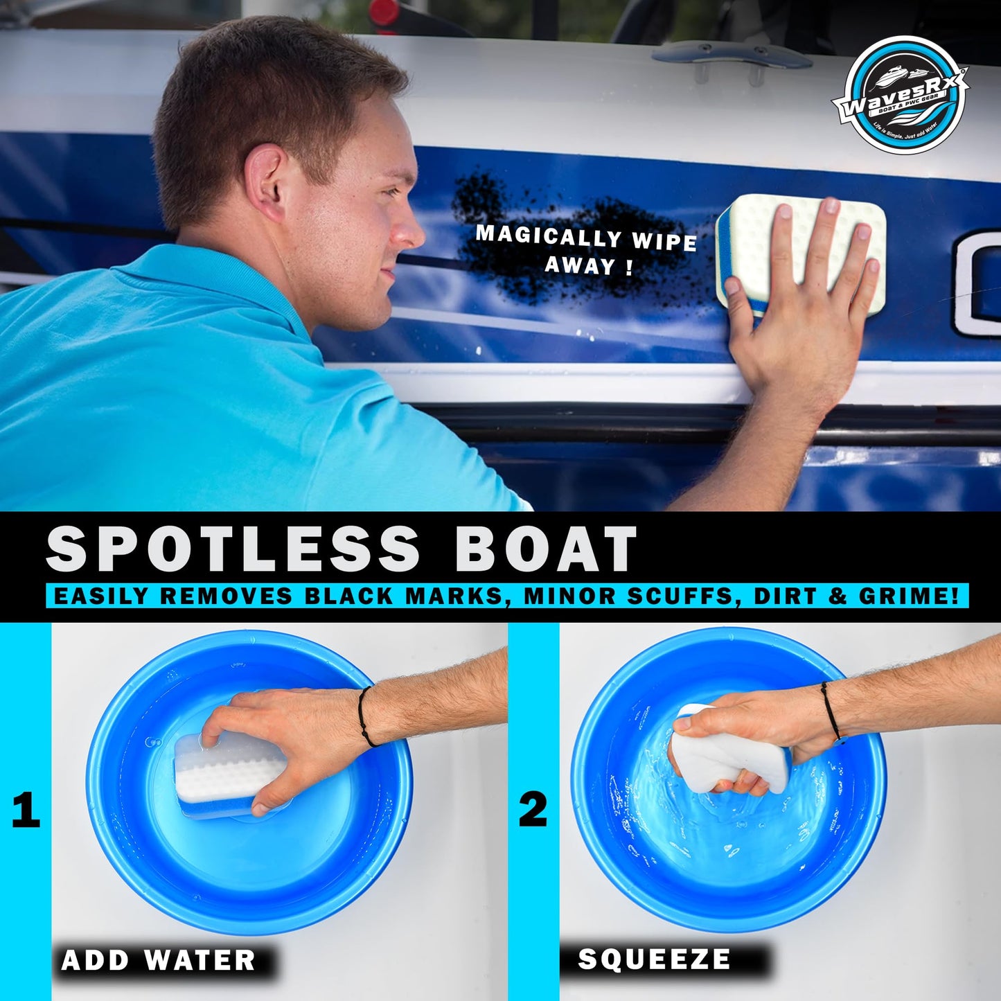 WAVESRX Marine Scuff and Dirt Eraser Sponges for Boats, Jet Ski & PWC | Magic Cleaning Pads Effortlessly Remove Deck Marks, Scratches, Black Streaks and Grease | No Harsh Chemicals (4 Pack)