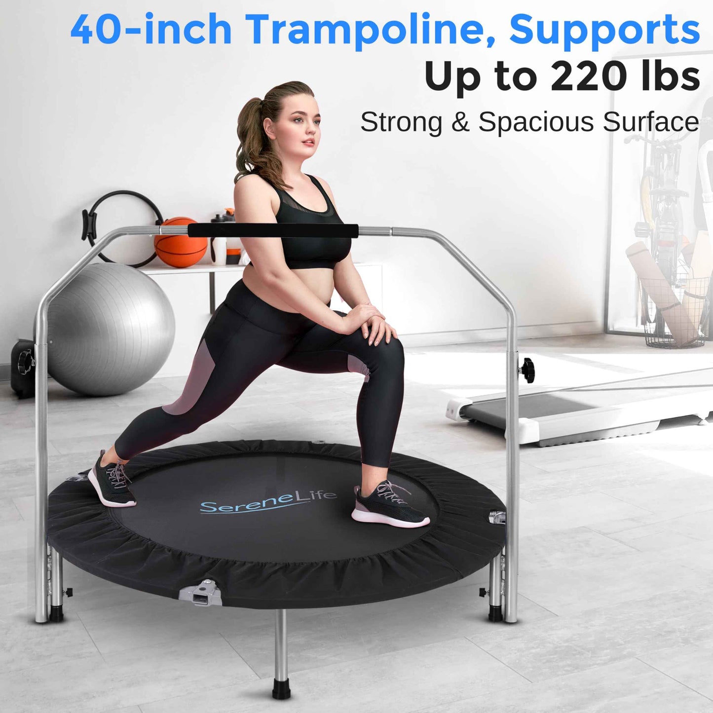 SereneLife 40" Foldable Mini Trampoline - Compact Fitness Trampoline for Kids Adults, Exercise Rebounder with Adjustable Foam Handle, Indoor/Garden Workout Equipment, Max Load 220 lbs, Black