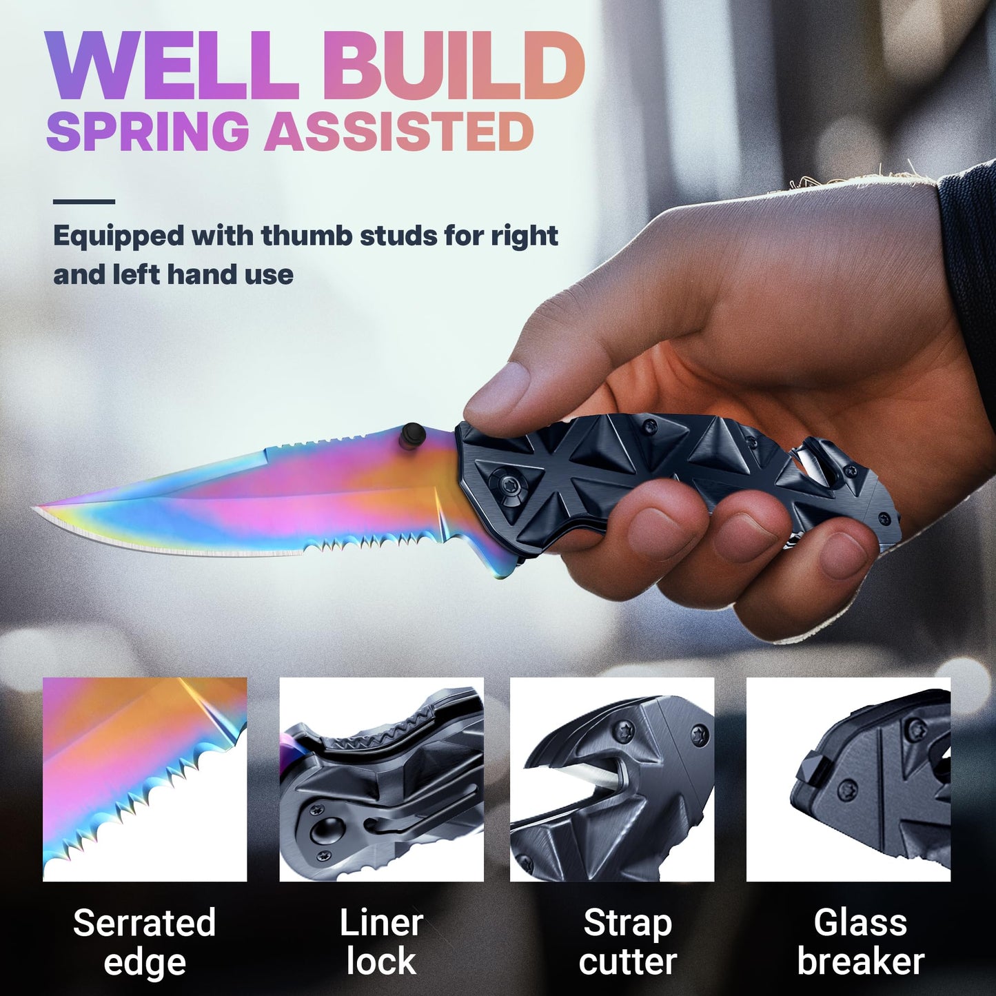 Rainbow Pocket Knife - Cute Knife with Glass Breaker, Seatbelt Cutter, Sharp Serrated Blade - Colorful Womens Knives - Cool Folding Knife for Self Defense Camp - Birthday Gifts for Women HB 207 BR